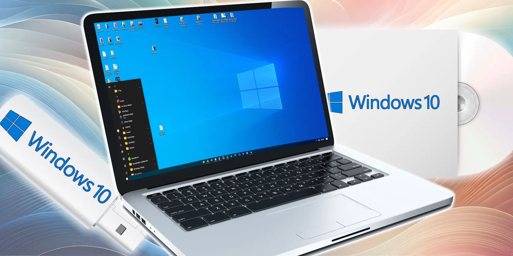 Laptop chạy Windows 10 cùng USB cài đặt, minh họa cho việc hệ điều hành sắp hết hỗ trợ