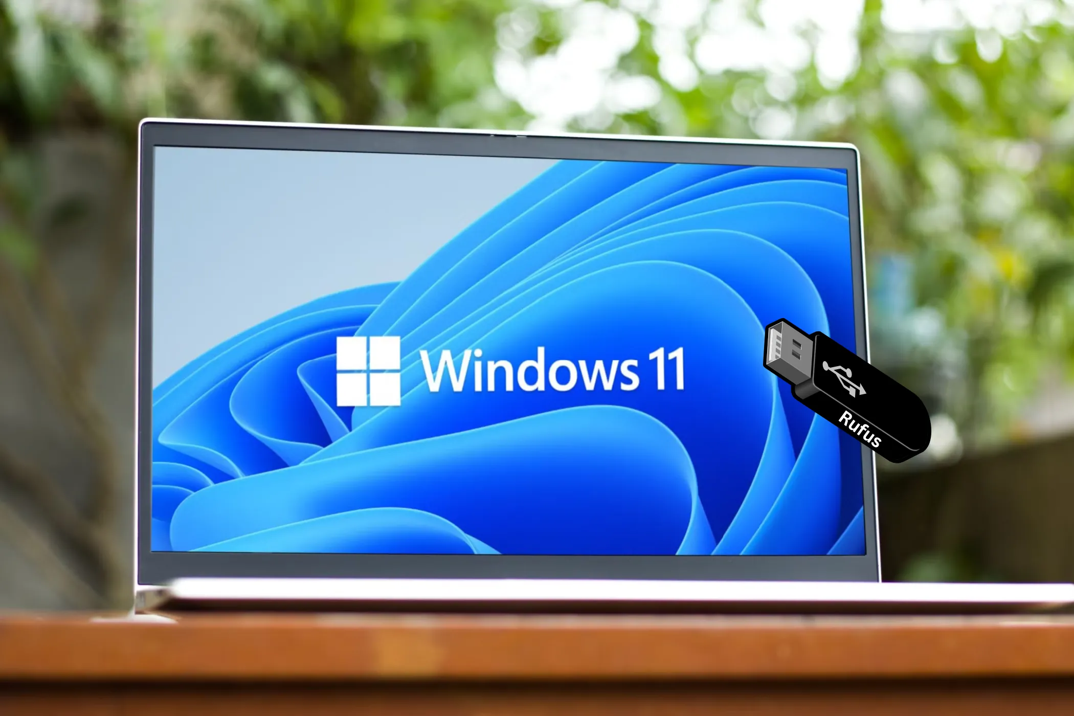 Laptop hiển thị logo Windows 11 và biểu tượng USB với logo Rufus để cài đặt