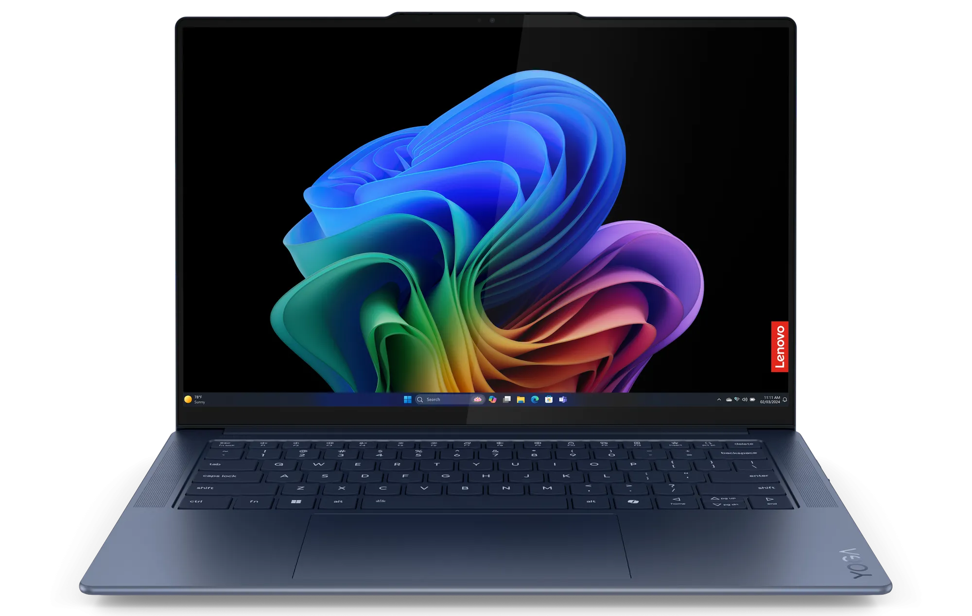 Laptop Lenovo Yoga Slim 7x (Gen 9) màu bạc đang gập lại, thể hiện thiết kế mỏng nhẹ và hiện đại với chip Snapdragon X Elite.