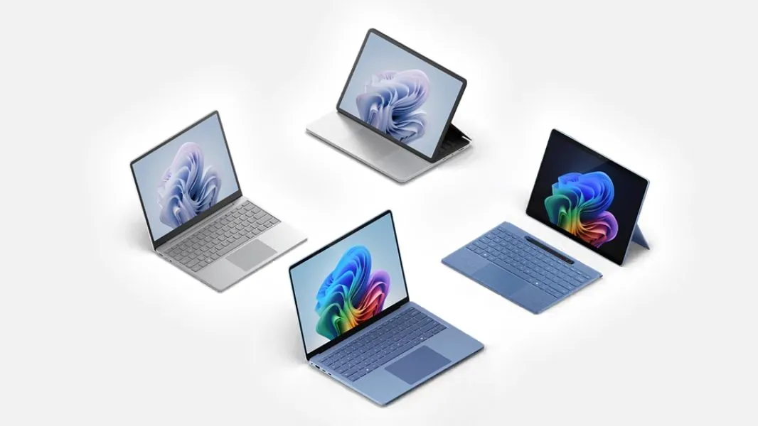Laptop Microsoft Surface và Surface Pro với Copilot Plus, minh họa cho kỷ nguyên Windows trên ARM và AI tích hợp.