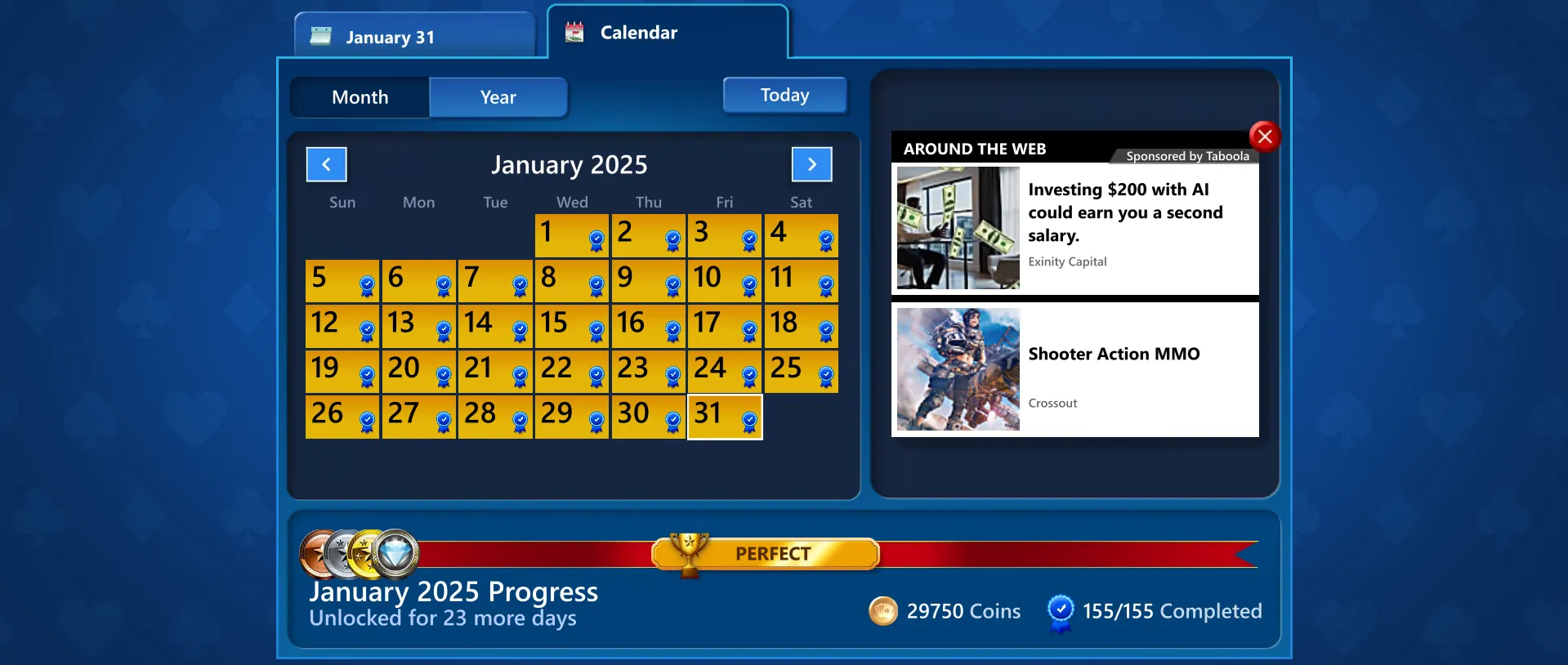 Lịch thử thách hàng ngày tháng 1 năm 2025 trong Microsoft Solitaire hiển thị các ngày đã bỏ lỡ có thể chơi lại, minh họa sự linh hoạt trong việc duy trì thói quen.