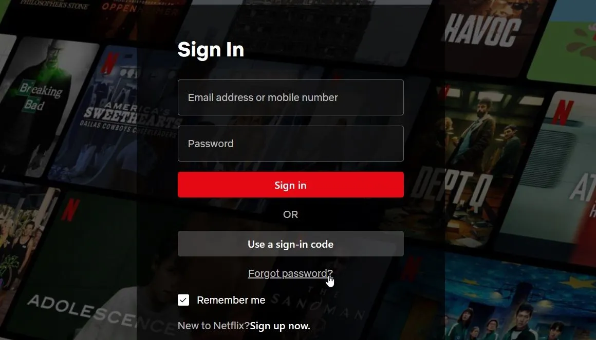 Liên kết "Bạn quên mật khẩu?" trên trang đăng nhập Netflix