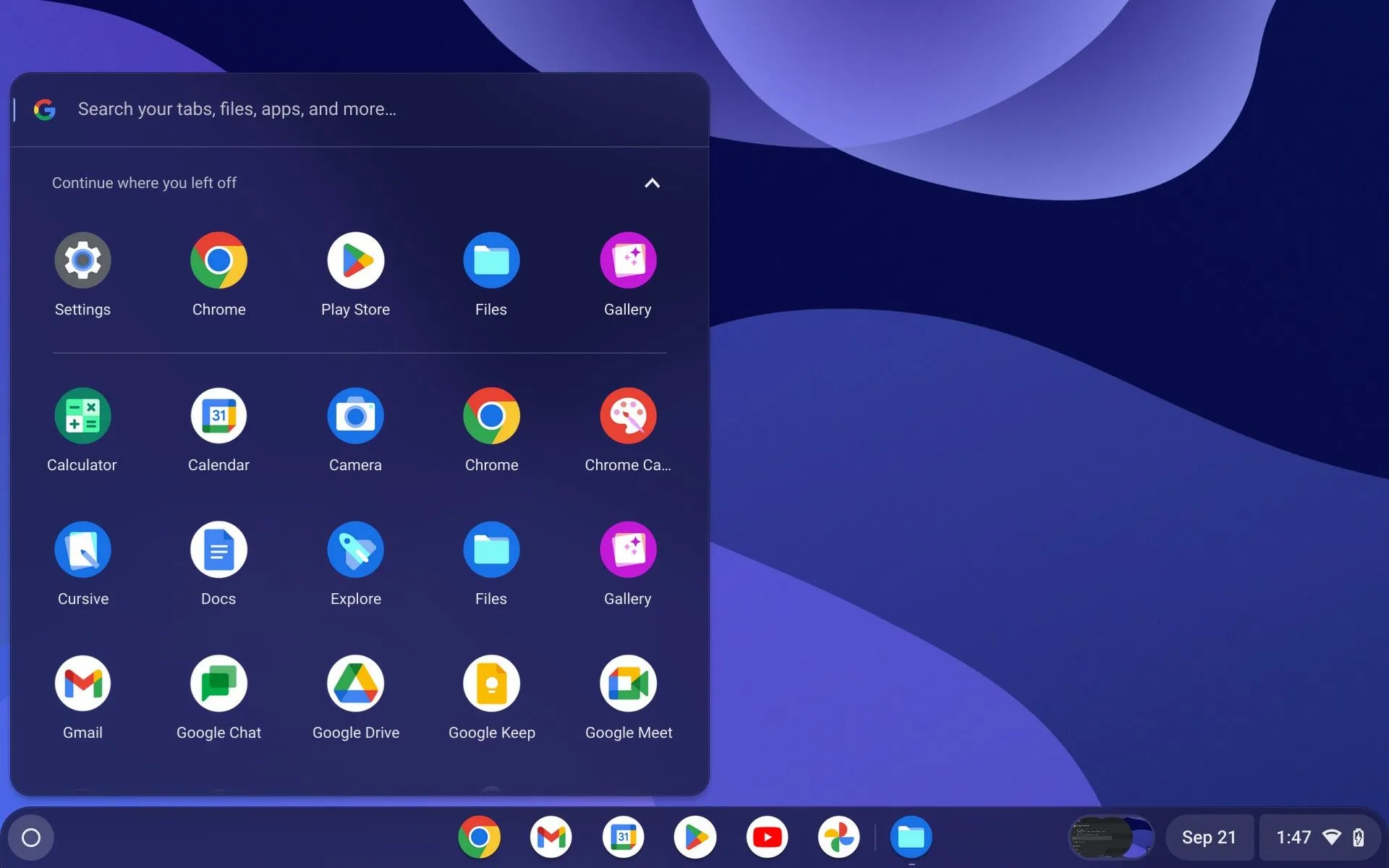 List of apps in Chromebook menu 