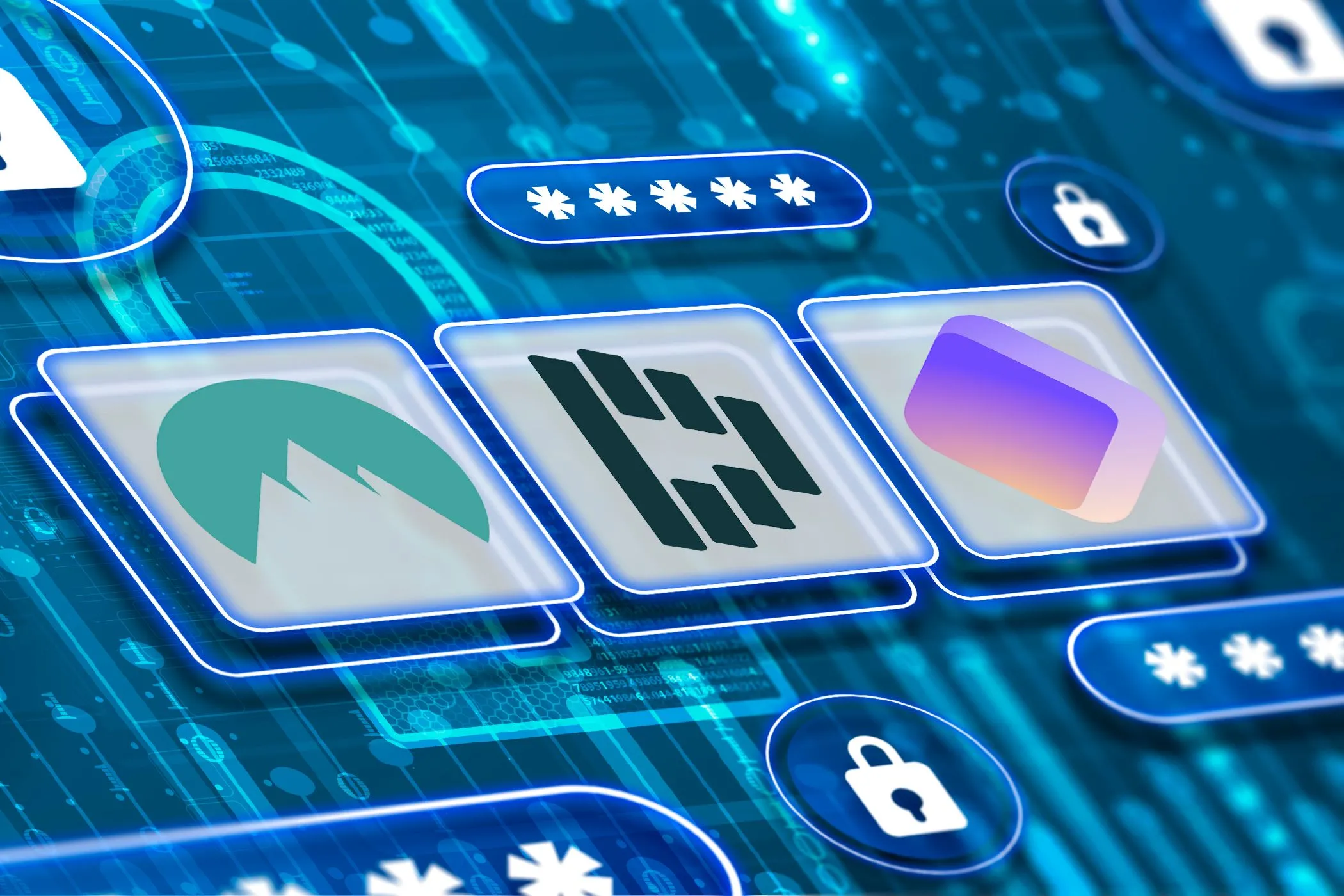 Logo của NordPass, Dashlane và Proton Pass cùng biểu tượng khóa bảo mật, minh họa tầm quan trọng của việc sao lưu và bảo vệ mật khẩu.