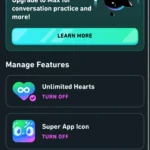 Lợi ích của Super Duolingo Premium bao gồm trái tim không giới hạn, không quảng cáo, thử thách huyền thoại miễn phí và biểu tượng ứng dụng đặc biệt.