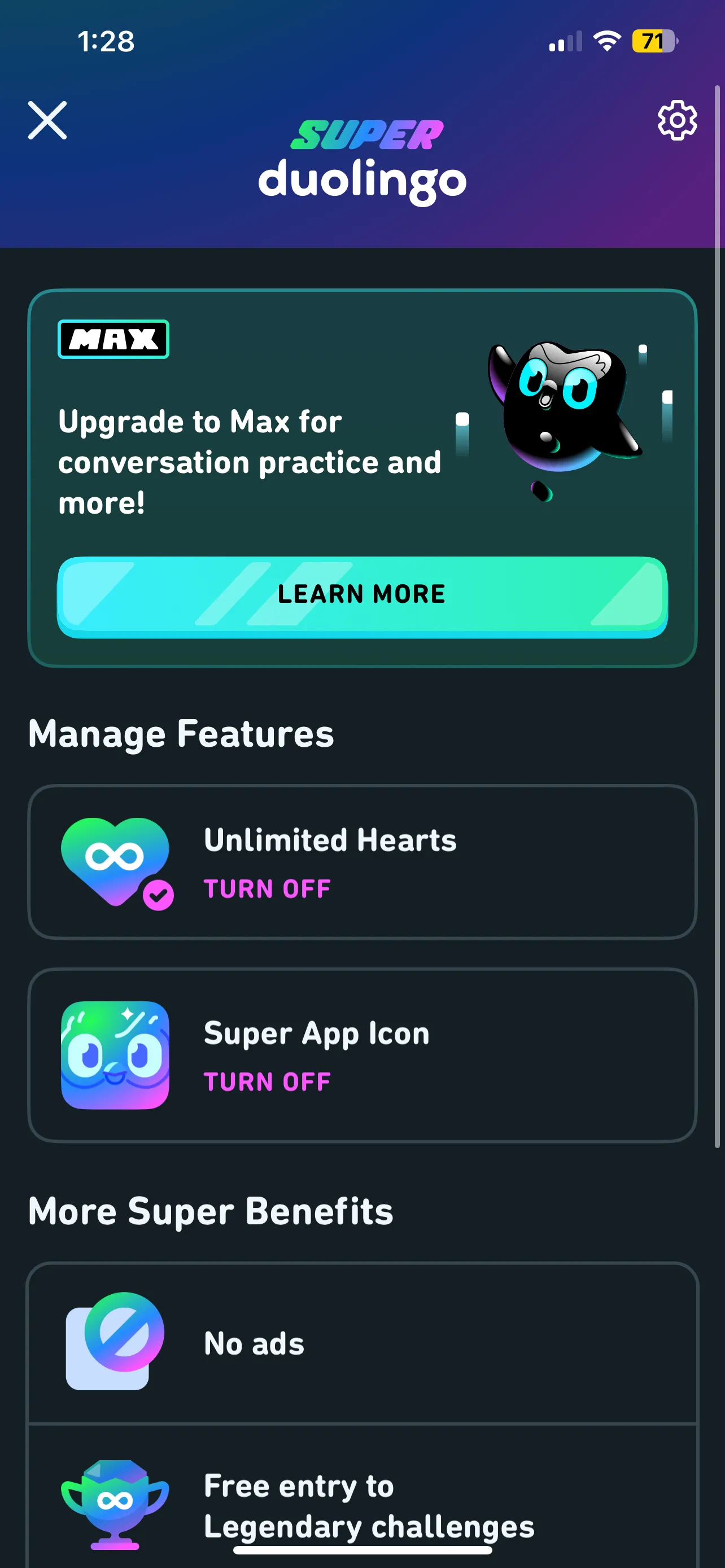 Lợi ích của Super Duolingo Premium bao gồm trái tim không giới hạn, không quảng cáo, thử thách huyền thoại miễn phí và biểu tượng ứng dụng đặc biệt.