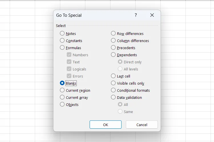 Lựa chọn các ô trống bằng tính năng Go to Special trong Excel