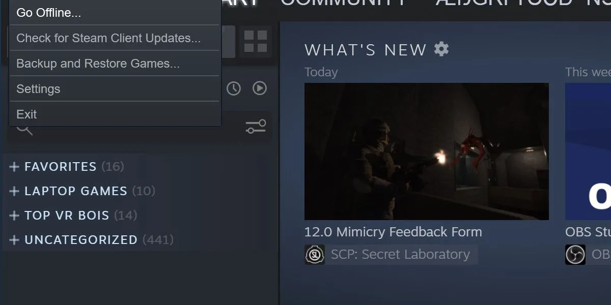 Lựa chọn chế độ ngoại tuyến Go Offline trong menu Steam để giảm tải RAM
