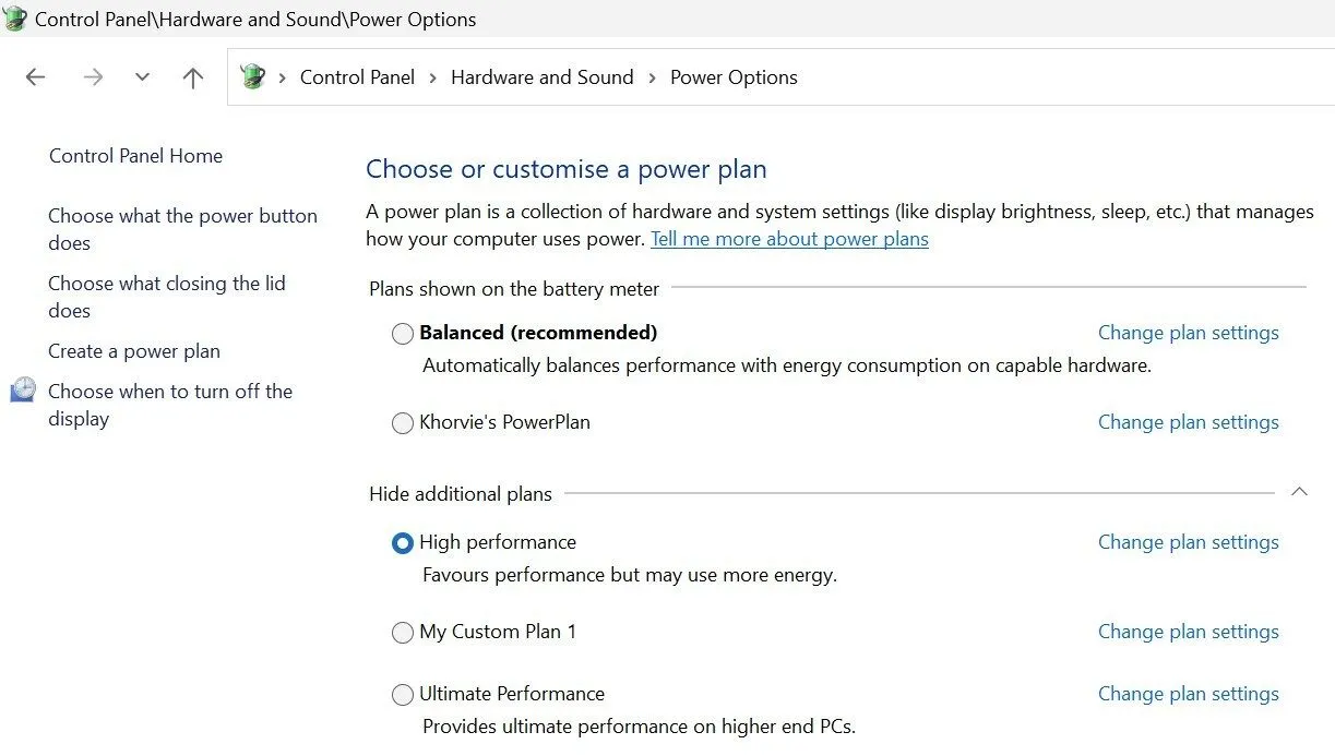 Lựa chọn chế độ nguồn High Performance (Hiệu suất cao) trong cài đặt Power Options của Windows để tăng hiệu năng.