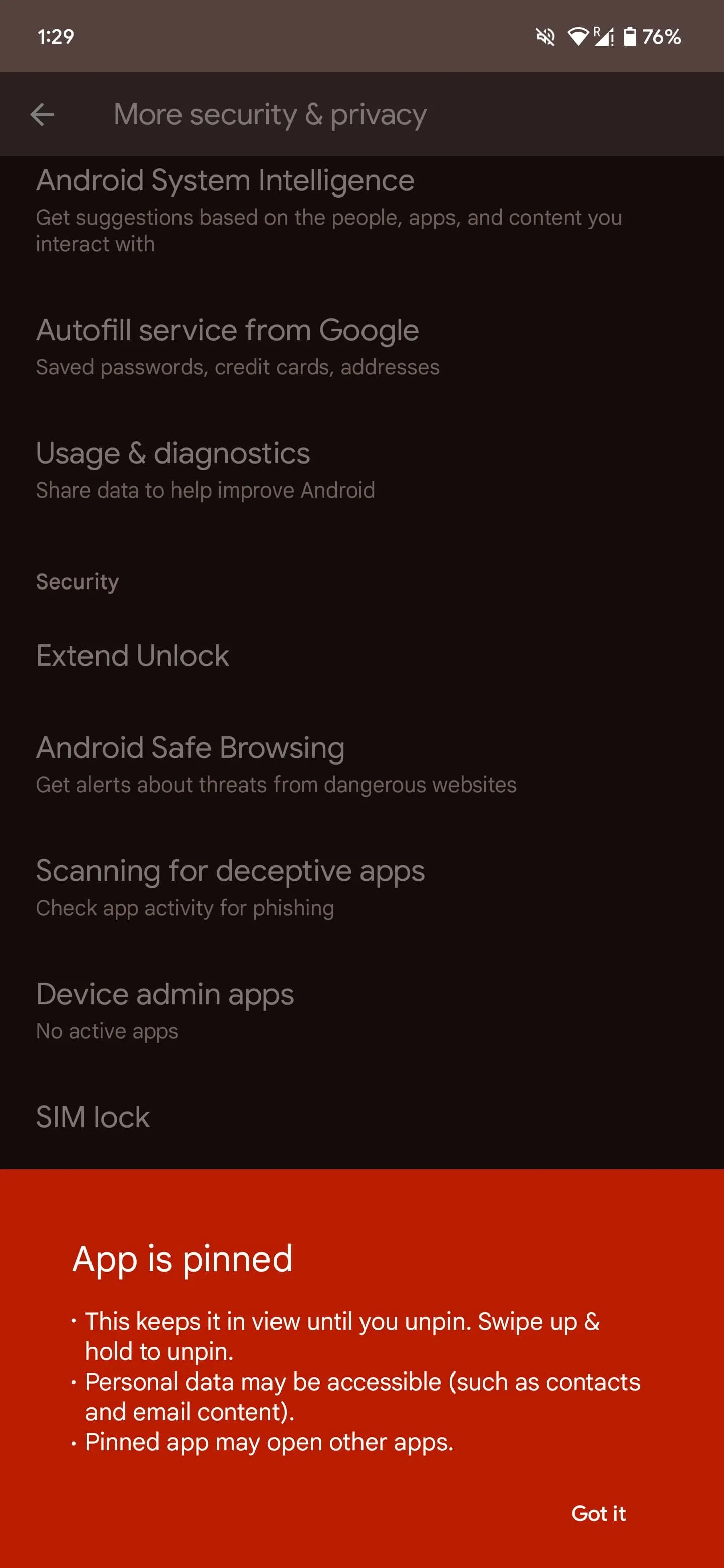 Màn hình Android với ứng dụng được ghim (App Pinning) để duy trì sự tập trung và bảo mật.