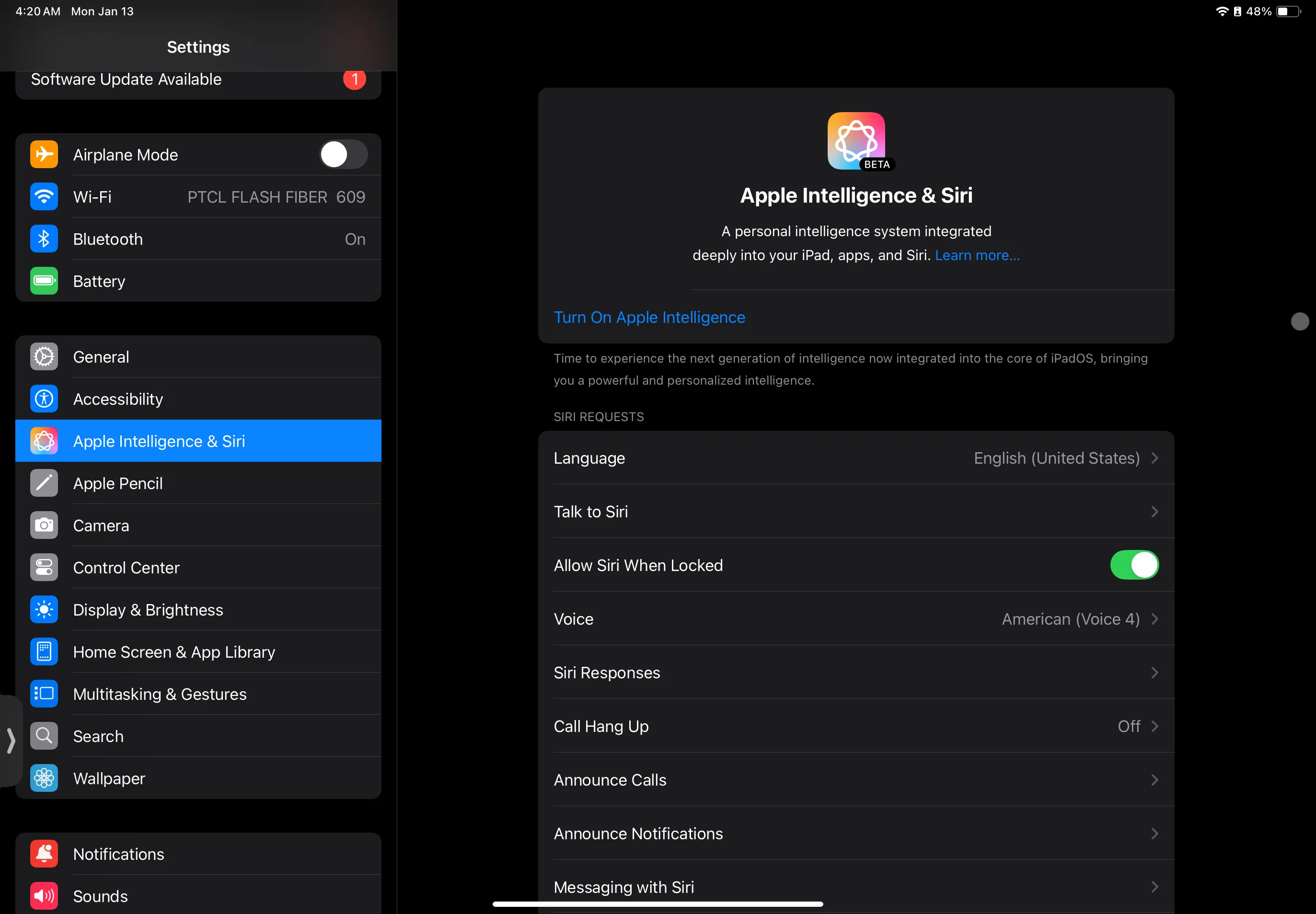 Màn hình cài đặt Apple Intelligence và Siri trên iPad, nơi người dùng có thể kích hoạt tính năng thông minh.
