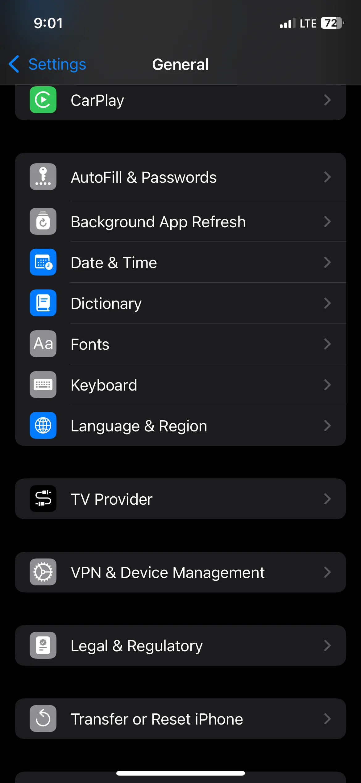 Màn hình Cài đặt chung (General) trên iPhone, hiển thị tùy chọn Bàn phím (Keyboard) để cấu hình.