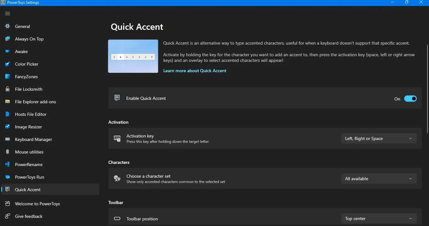 Màn hình cài đặt của Quick Accent trong PowerToys hiển thị các tùy chọn cấu hình cho việc gõ ký tự có dấu