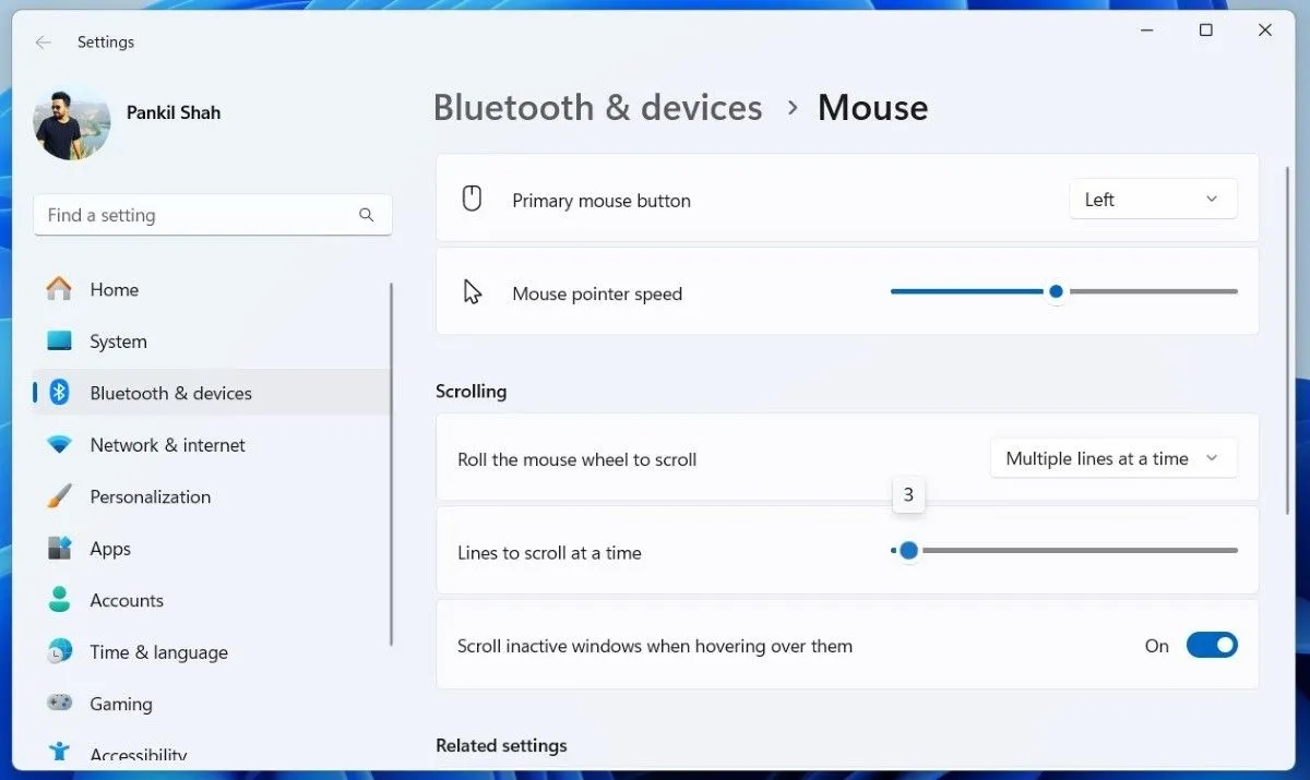 màn hình cài đặt cuộn chuột trong Windows 11