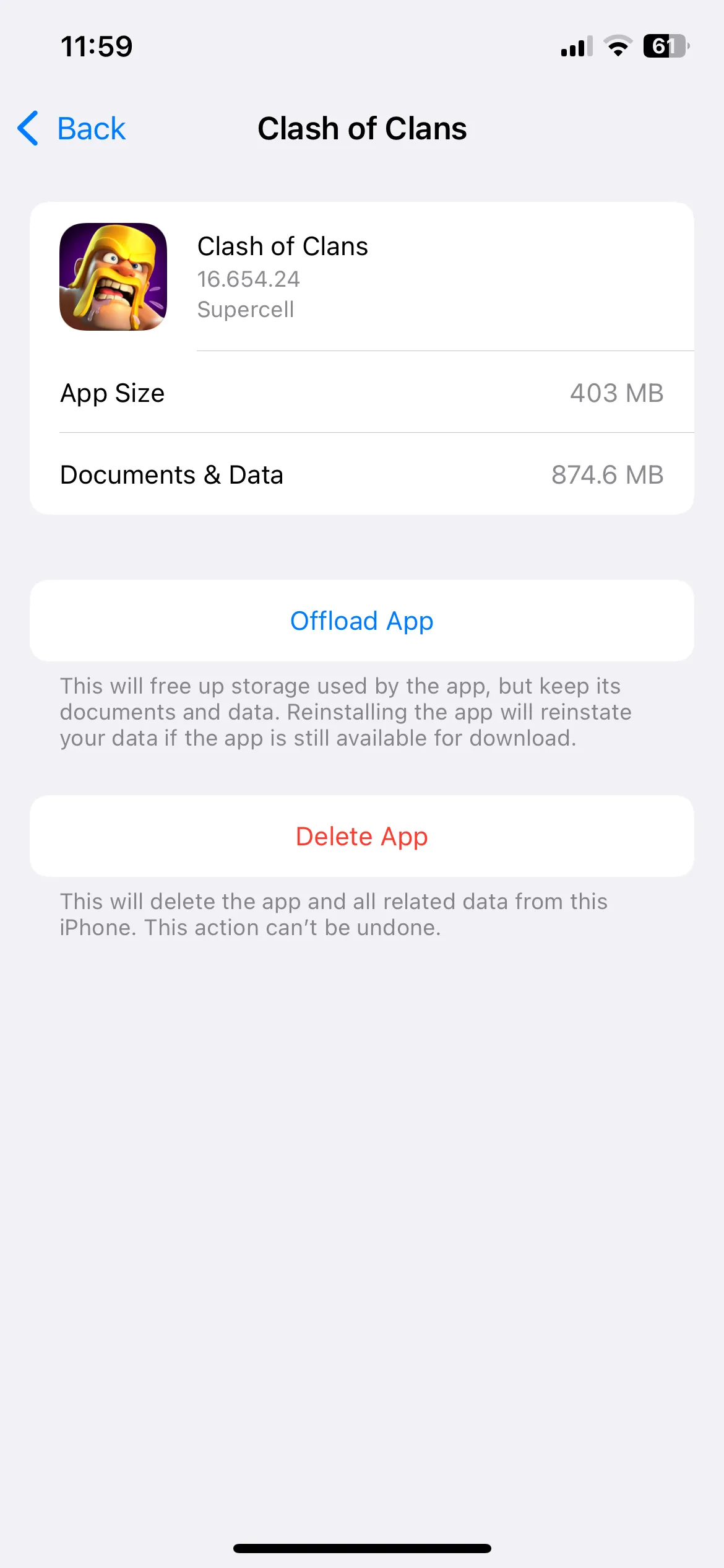 Màn hình cài đặt dung lượng iPhone hiển thị mức sử dụng bộ nhớ của một ứng dụng cụ thể