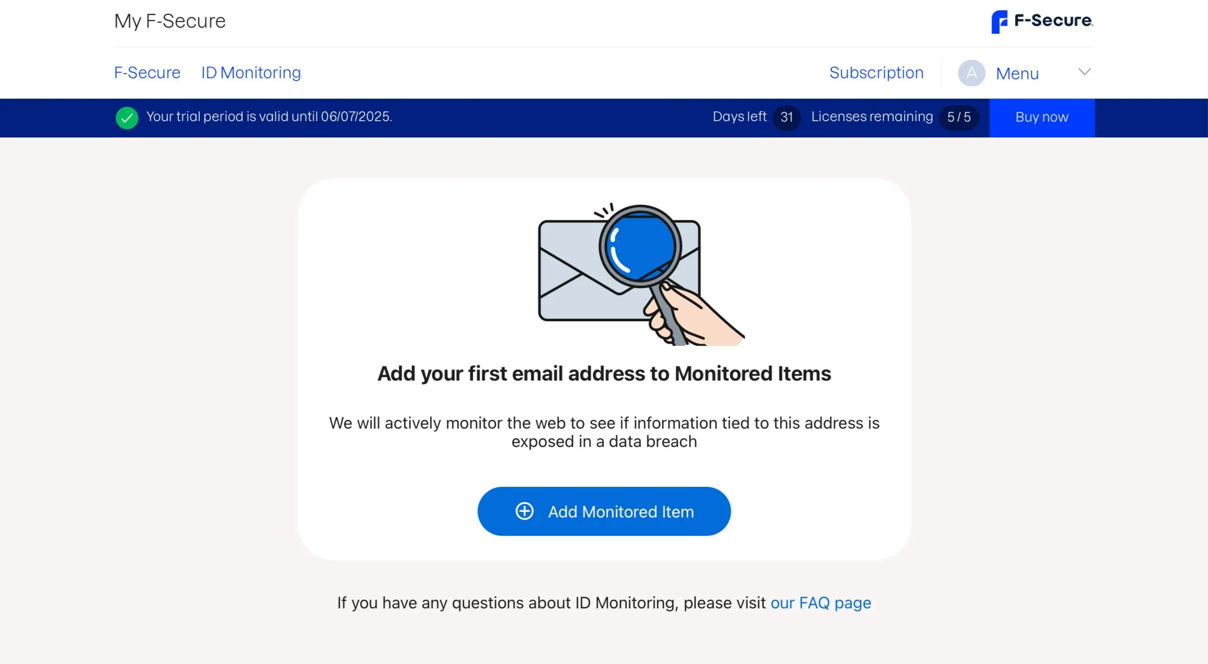 Màn hình cài đặt F-Secure ID Protection, cho phép người dùng thêm địa chỉ email để giám sát dữ liệu trên dark web