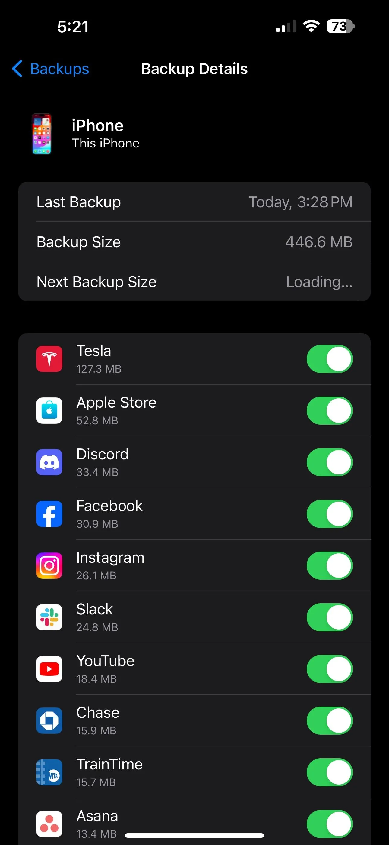 Màn hình cài đặt iCloud hiển thị danh sách các ứng dụng được bao gồm trong bản sao lưu.