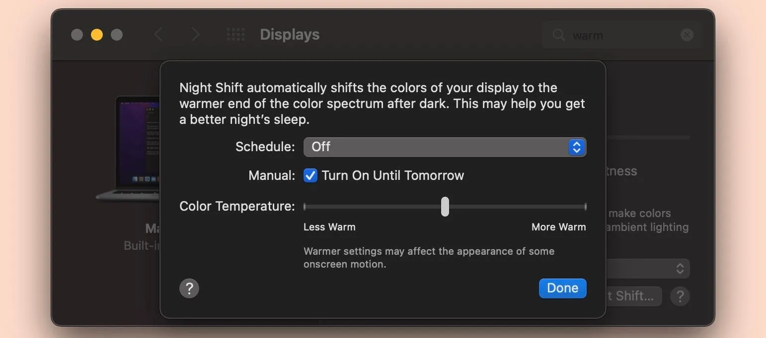 Màn hình cài đặt tính năng Night Shift trên máy tính Mac, hiển thị tùy chọn điều chỉnh nhiệt độ màu và lịch trình hoạt động.