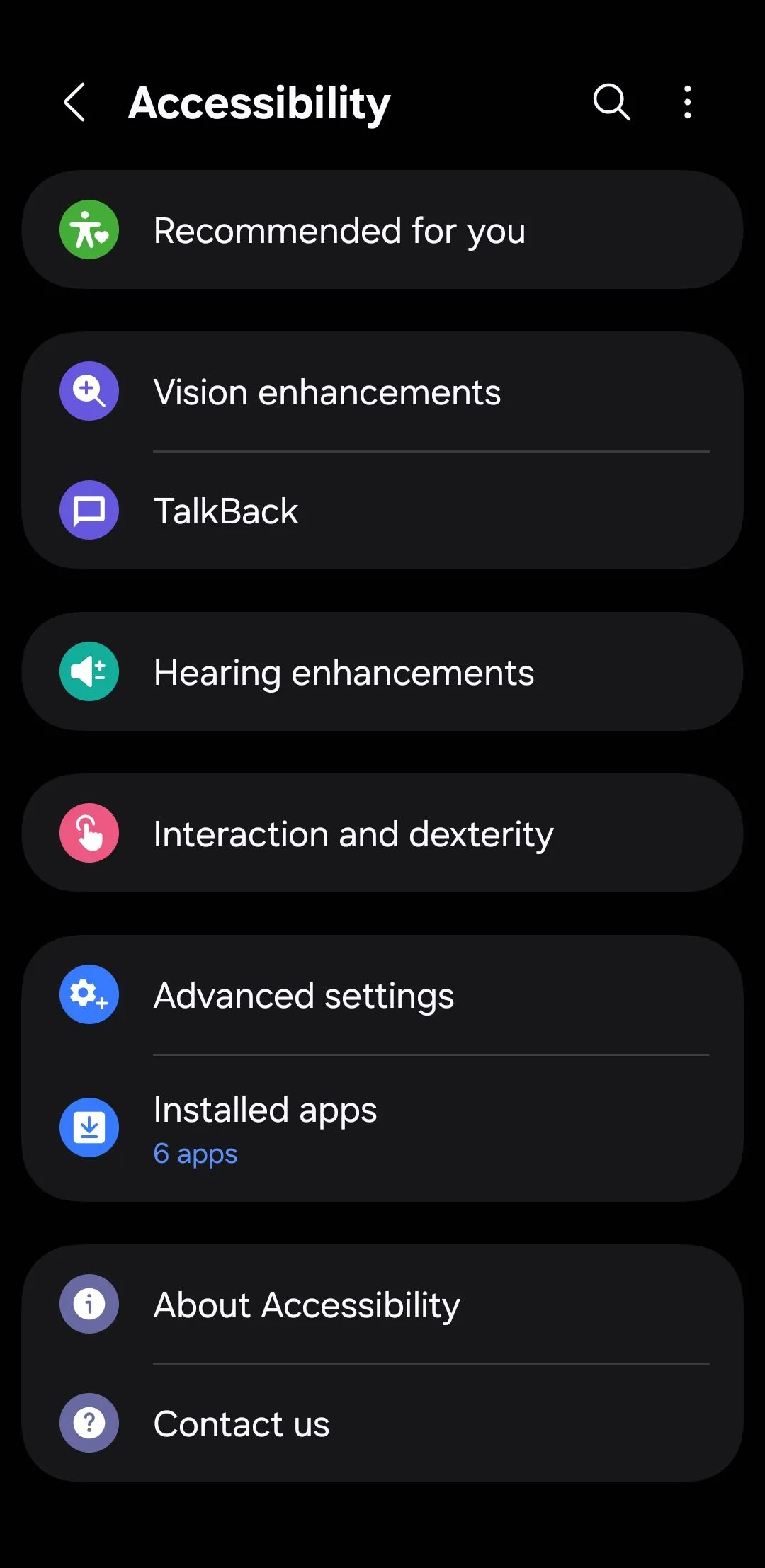 Màn hình cài đặt trợ năng (Accessibility) trên điện thoại Android, nơi quản lý các tính năng hỗ trợ người dùng.