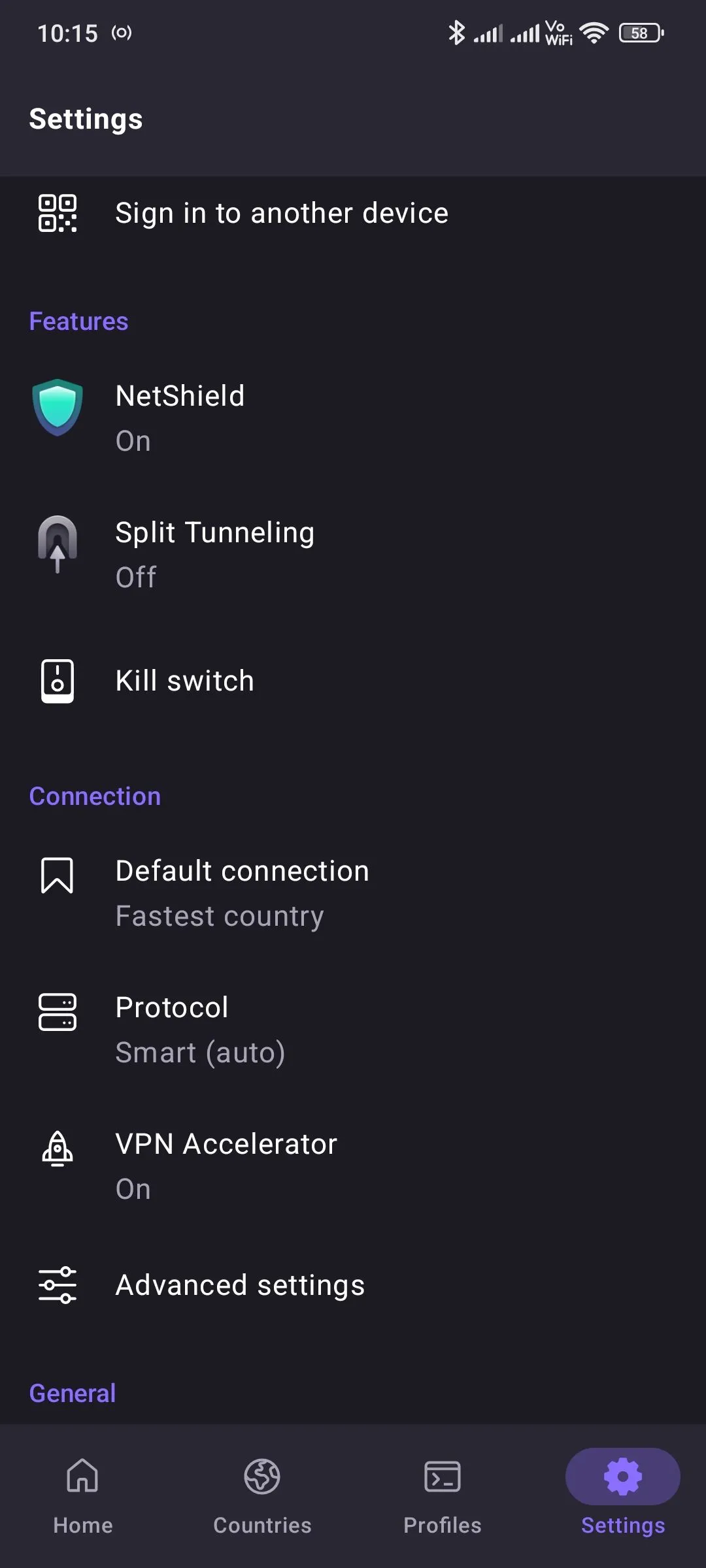Màn hình cài đặt trong ứng dụng Proton VPN hiển thị các tùy chọn kết nối