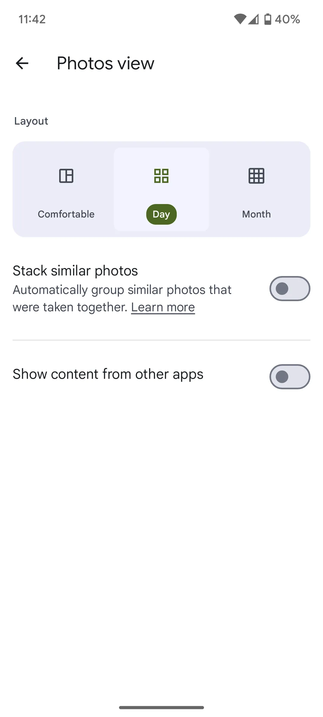 Màn hình cài đặt tùy chọn ẩn nội dung từ các ứng dụng khác trong Google Photos
