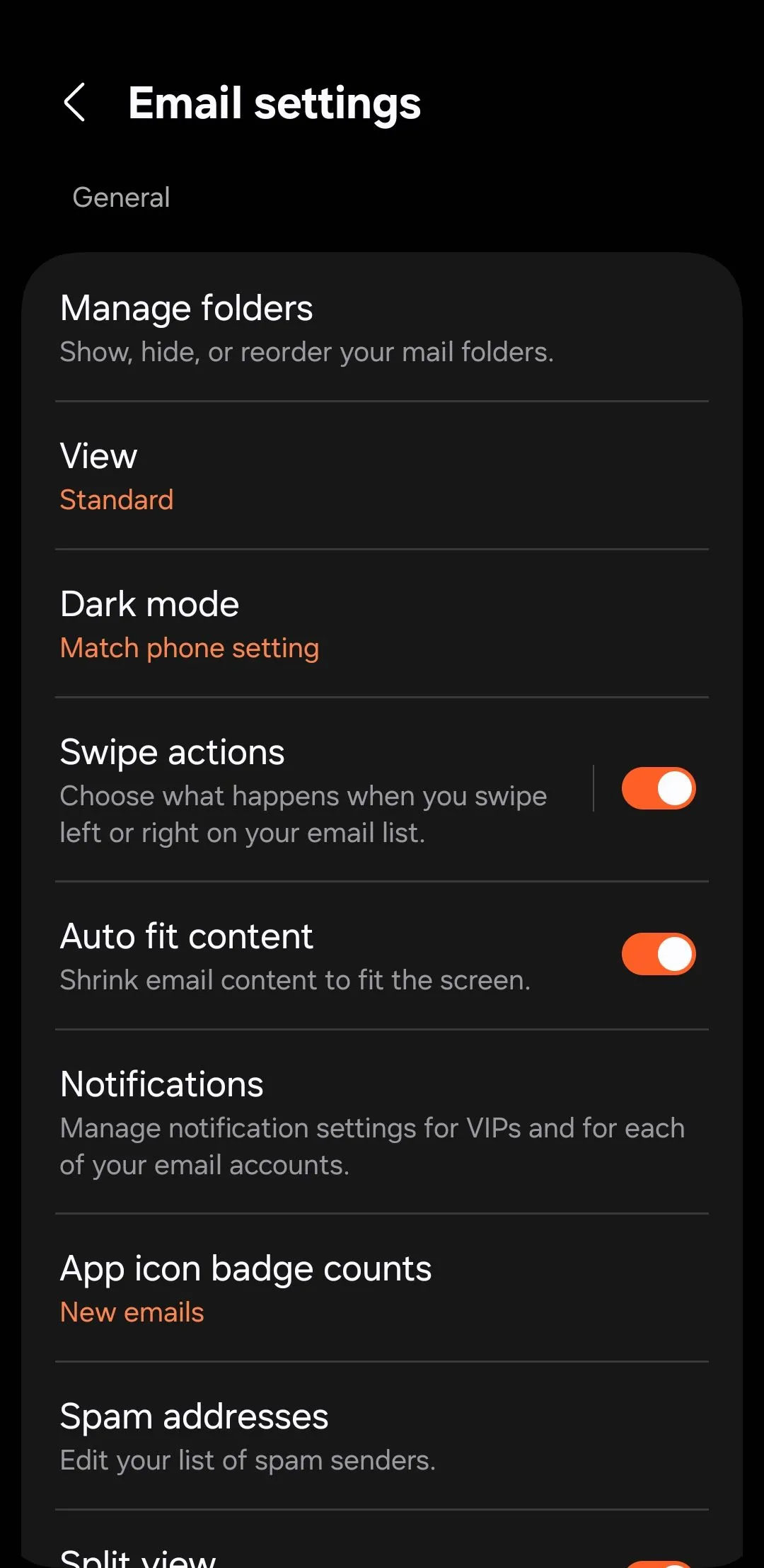 Màn hình cài đặt ứng dụng Samsung Email trên Galaxy, cho phép tùy chỉnh tài khoản và bảo mật.