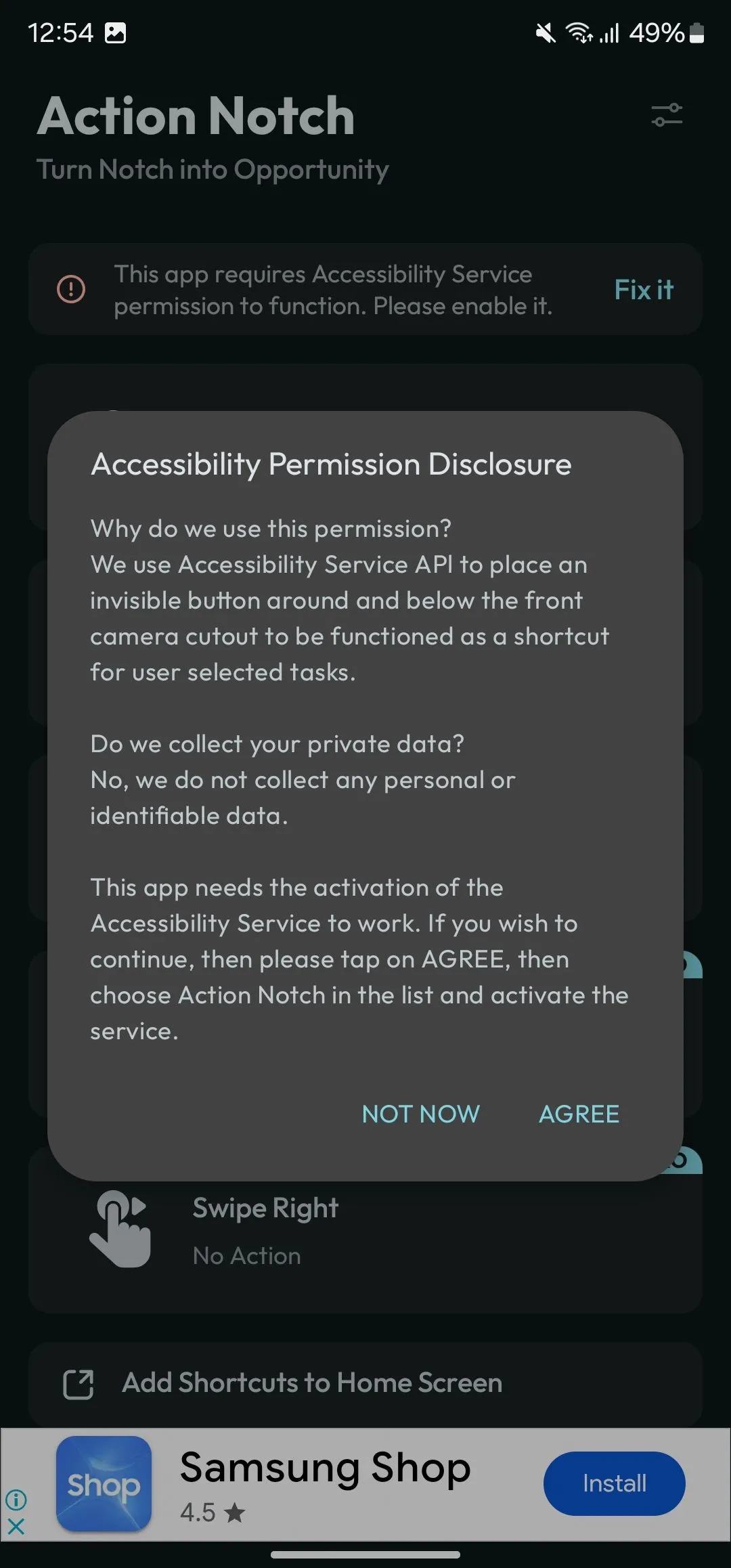 Màn hình cấp quyền truy cập Accessibility cho ứng dụng Action Notch trên điện thoại Samsung Galaxy.