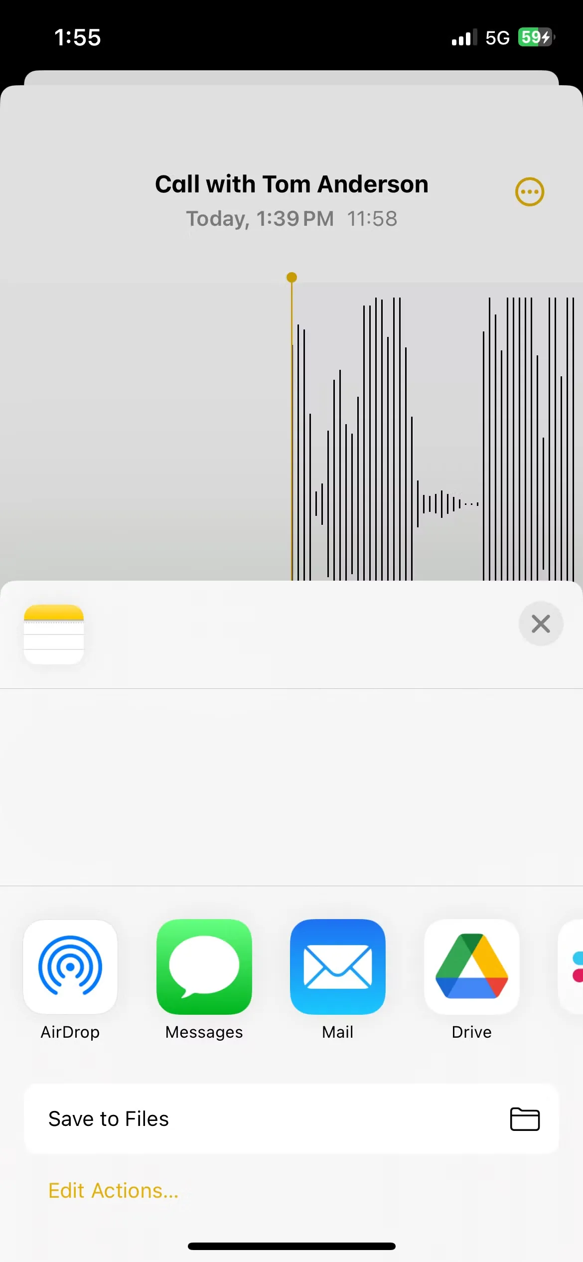 Màn hình chia sẻ ghi âm cuộc gọi iOS 18 trên iPhone hiển thị lỗi không có file âm thanh mà chỉ có biểu tượng Ghi chú