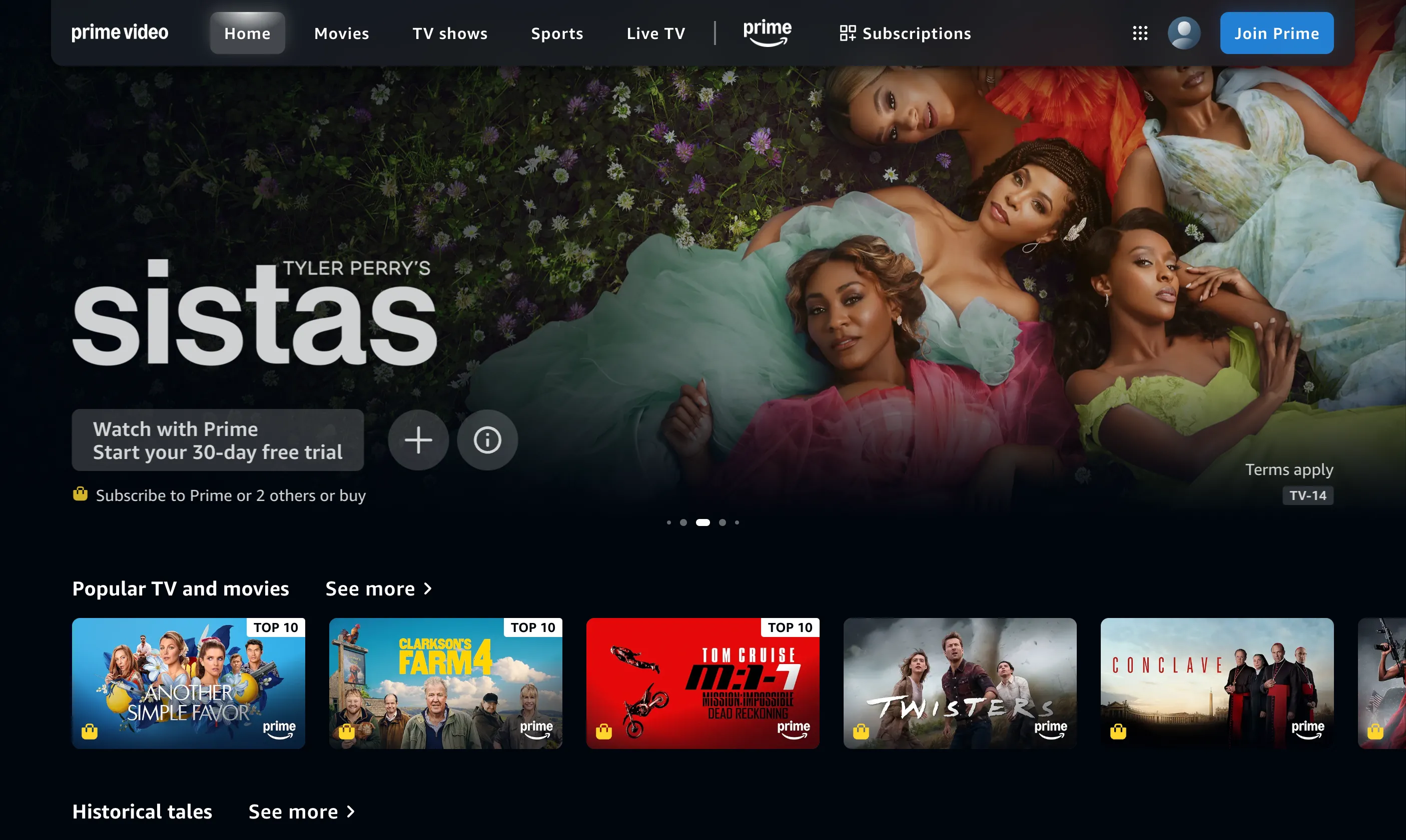 Màn hình chính của dịch vụ streaming Amazon Prime Video với kho nội dung giải trí đa dạng.
