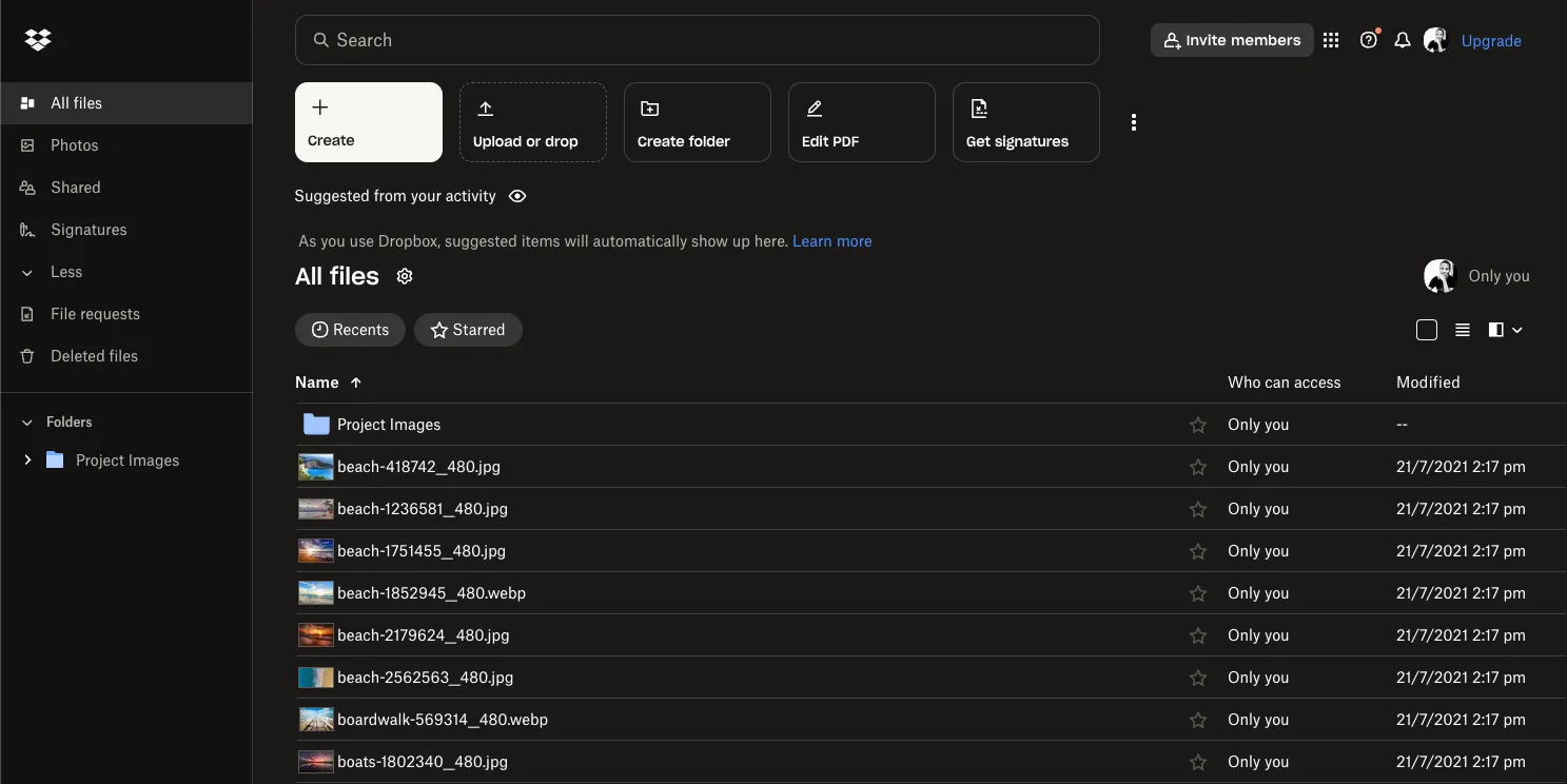 Màn hình chính của Dropbox Vault, thể hiện khả năng lưu trữ tệp chuyên nghiệp khi nâng cấp tài khoản trả phí