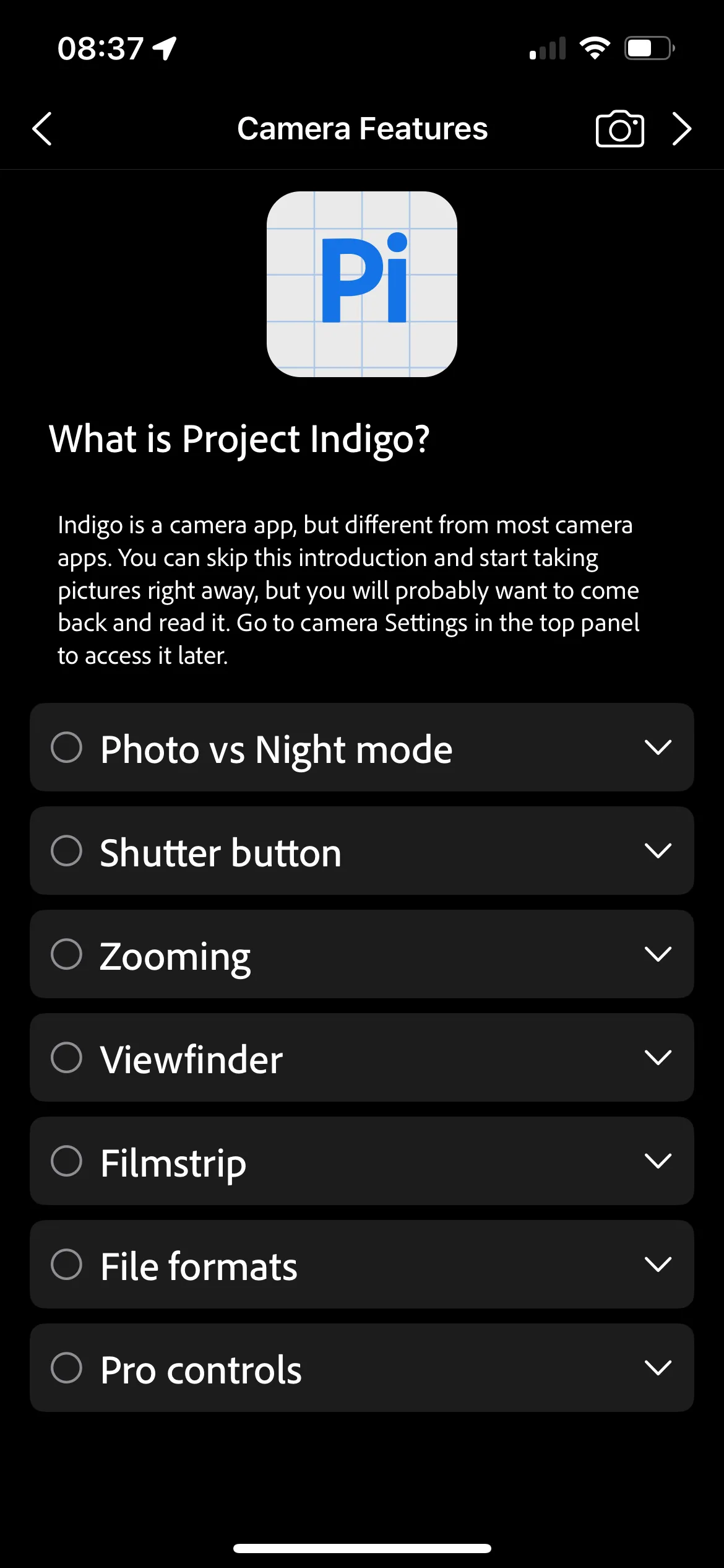 Màn hình chính của ứng dụng Adobe Project Indigo, thể hiện giao diện người dùng thân thiện và dễ sử dụng.