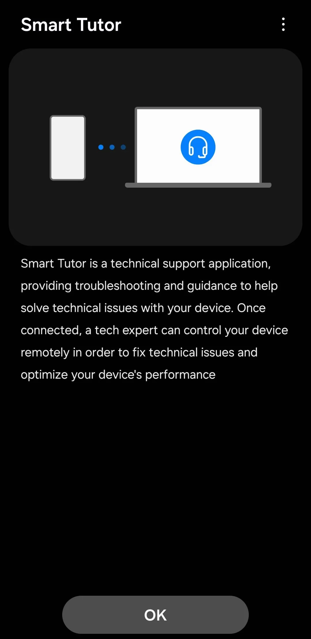 Màn hình chính của ứng dụng Smart Tutor trên điện thoại Samsung Galaxy, chuẩn bị cho hỗ trợ kỹ thuật từ xa.