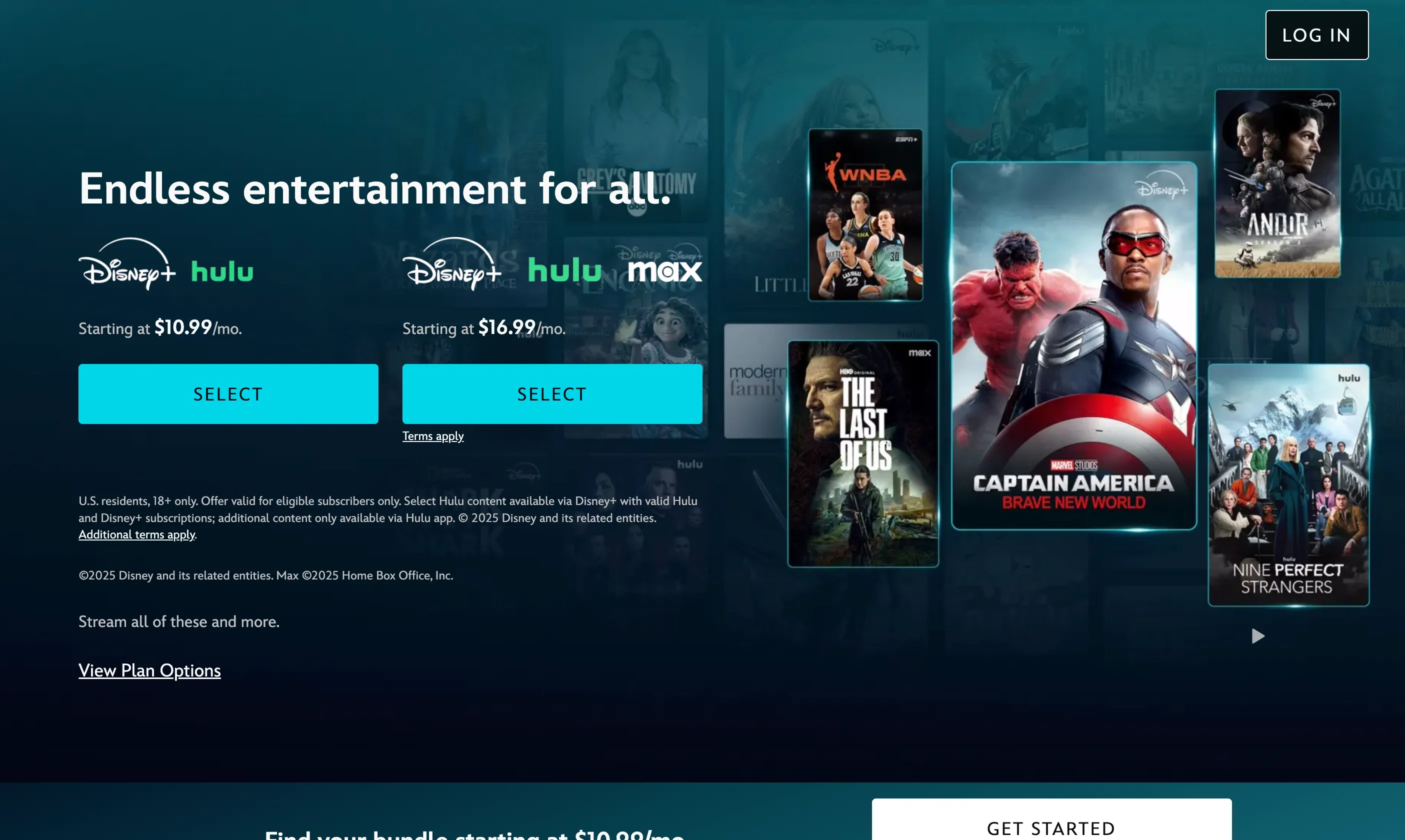 Màn hình chính Disney+ với các biểu tượng thương hiệu nổi tiếng như Marvel và Star Wars.