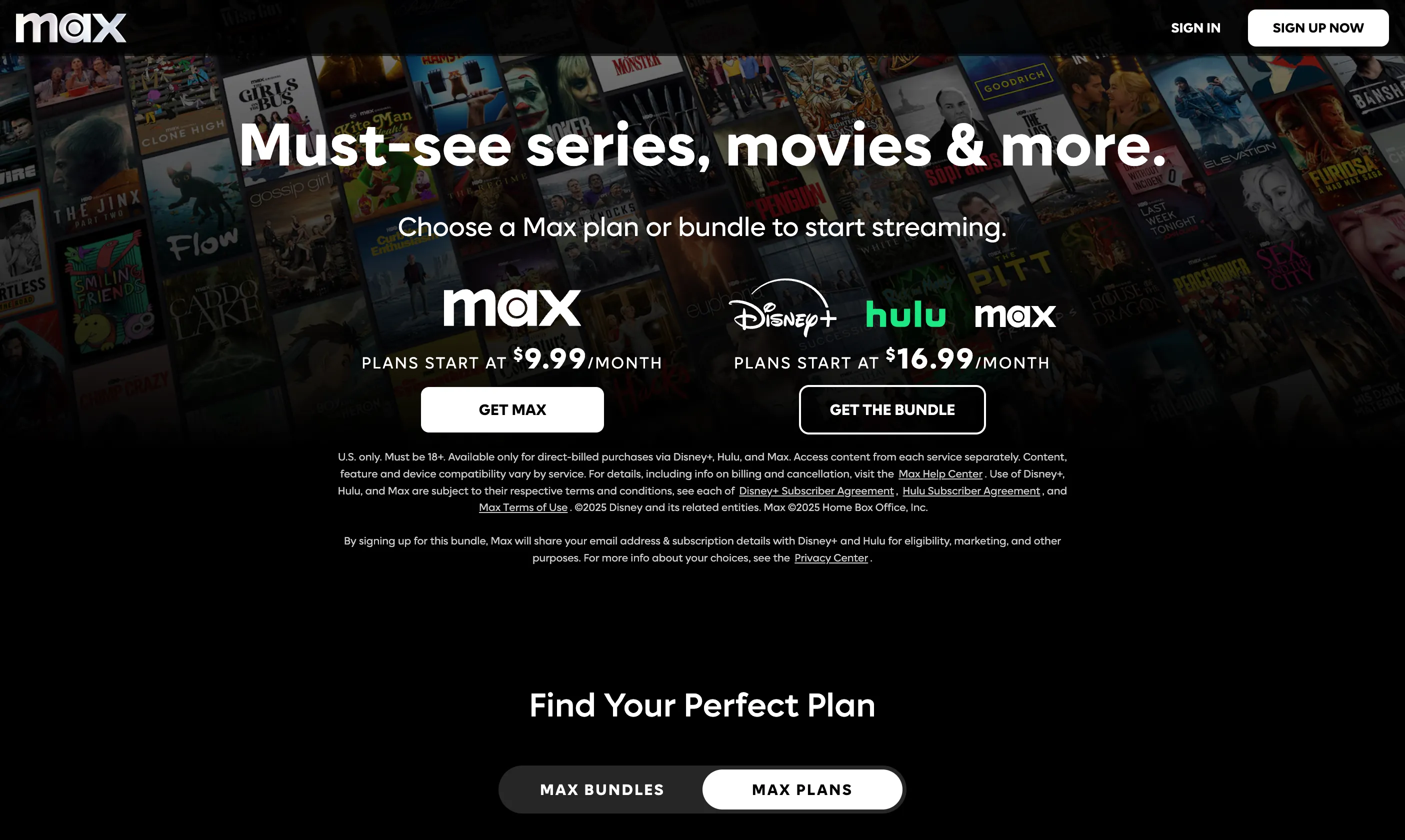 Màn hình chính HBO Max (Max) hiển thị các gói dịch vụ và tùy chọn đăng ký đa dạng.