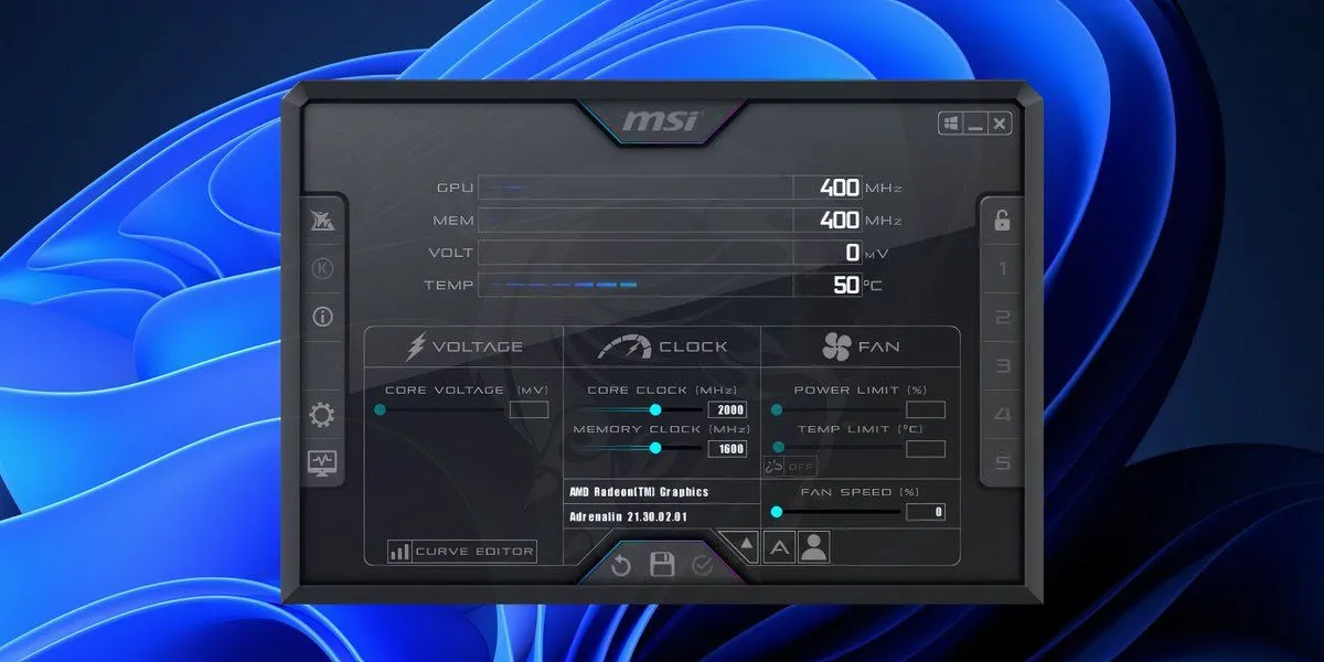 Màn hình chính MSI Afterburner trên Windows 11 hiển thị các thông số ép xung GPU