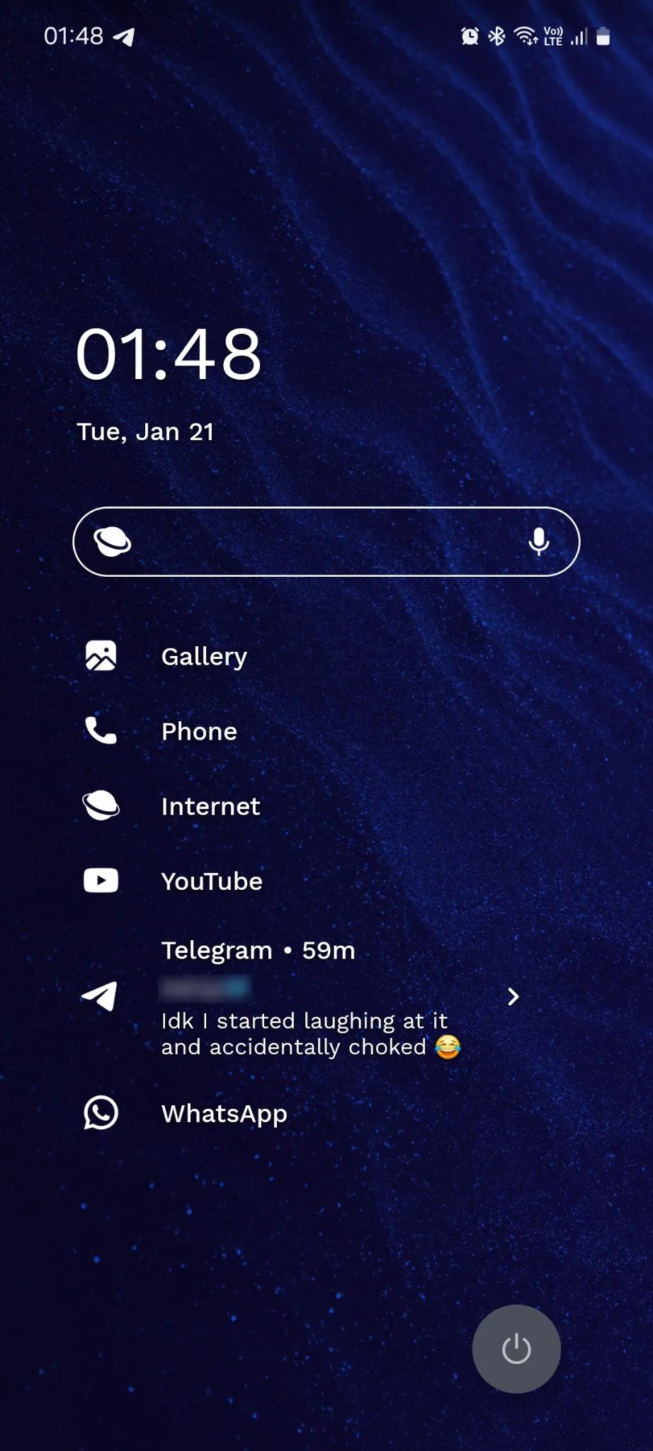 Màn hình chính Niagara Launcher hiển thị nội dung thông báo từ ứng dụng Telegram