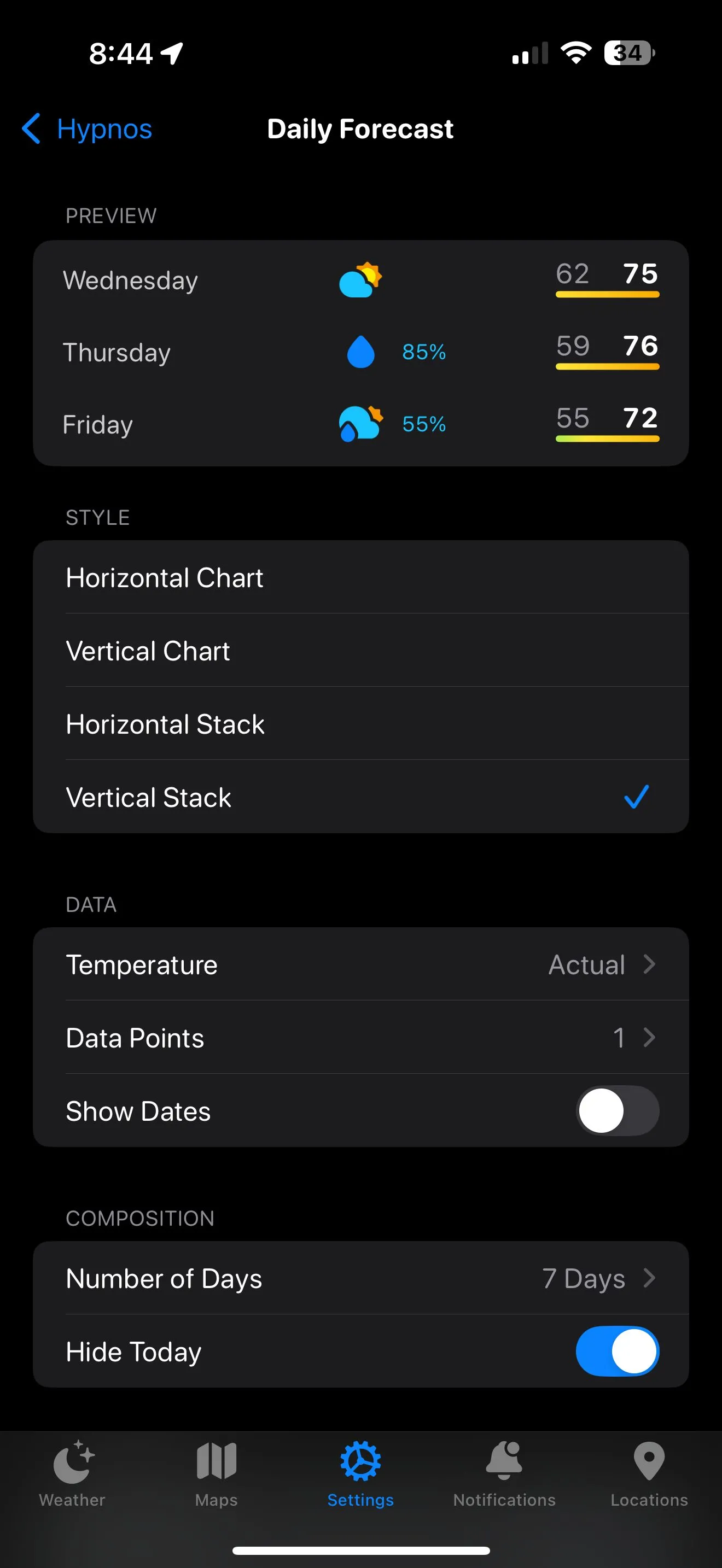 Màn hình chỉnh sửa chi tiết bố cục trong ứng dụng Carrot Weather trên iPhone