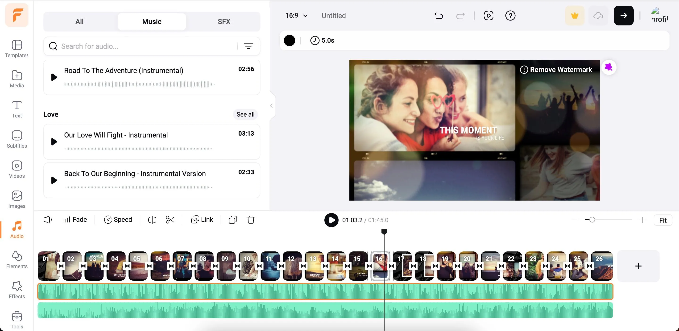 Màn hình chỉnh sửa của FlexClip, hiển thị khu vực thêm nhạc vào video
