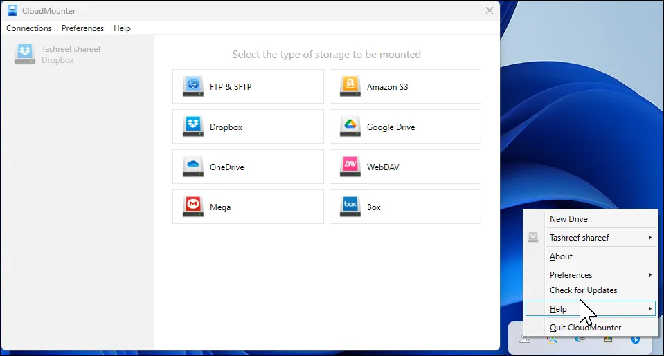 Màn hình chính ứng dụng CloudMounter trên Windows 11 hiển thị giao diện kết nối dịch vụ lưu trữ đám mây