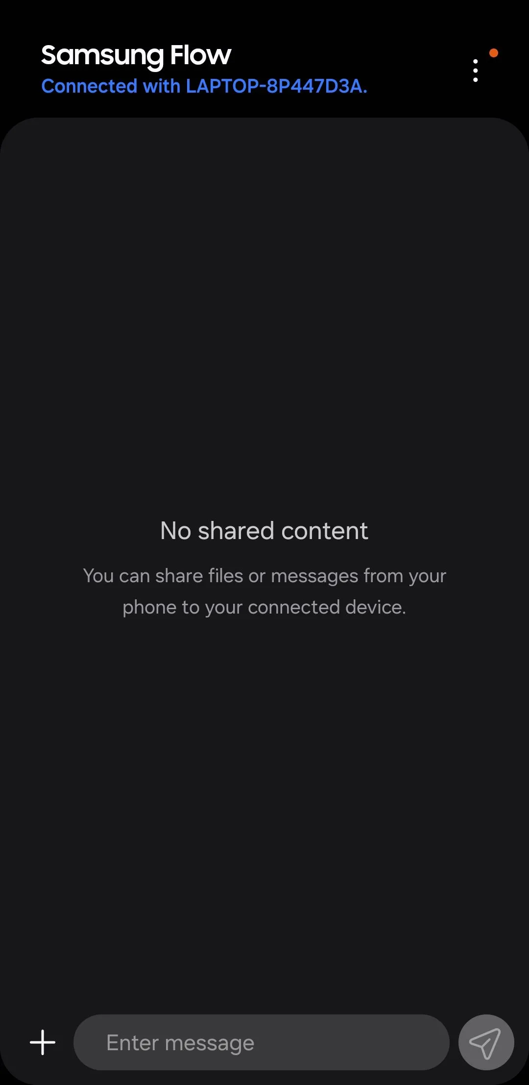 Màn hình chính ứng dụng Samsung Flow trên điện thoại Galaxy, hiển thị giao diện kết nối PC và truyền dữ liệu.