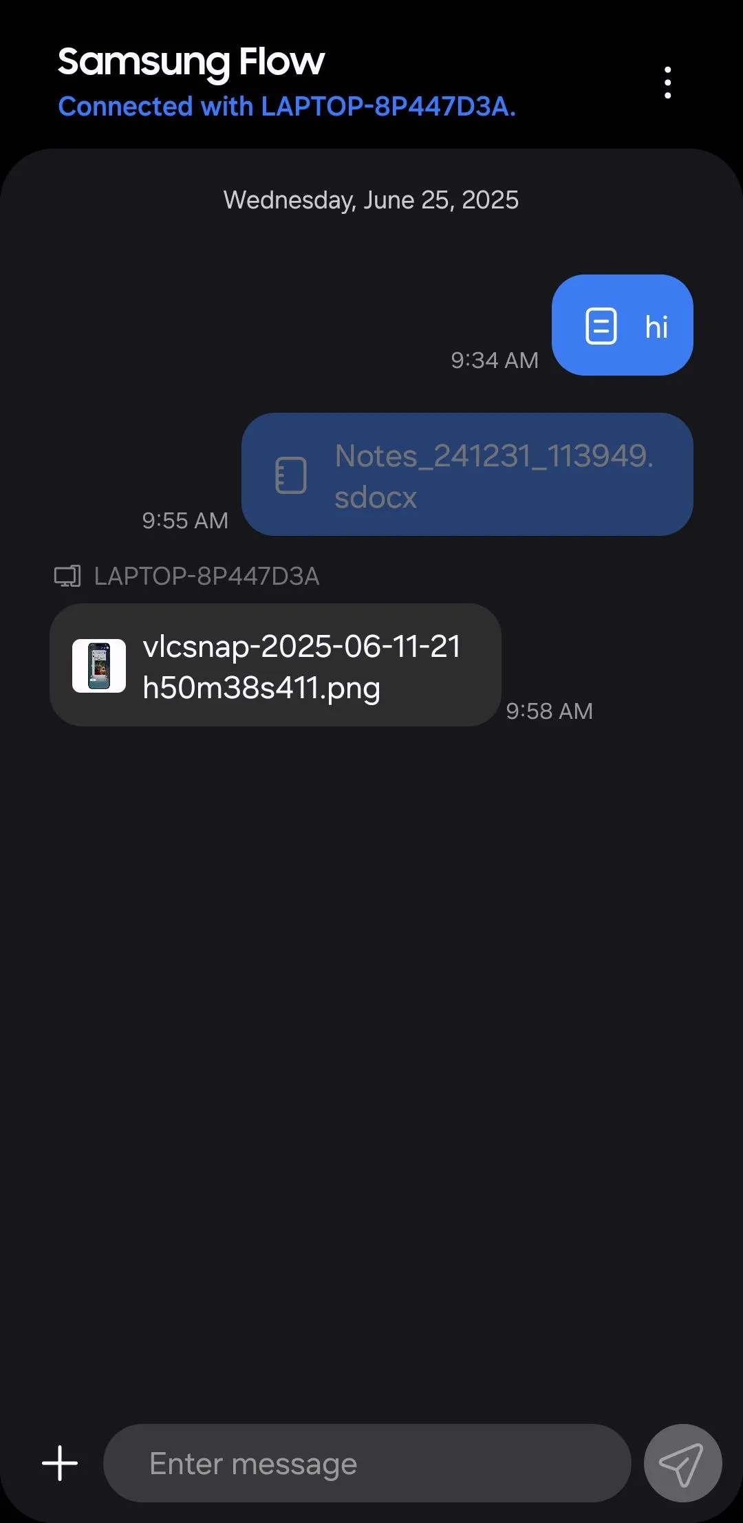 Màn hình chính ứng dụng Samsung Flow trên điện thoại Galaxy, sẵn sàng để bắt đầu chuyển file