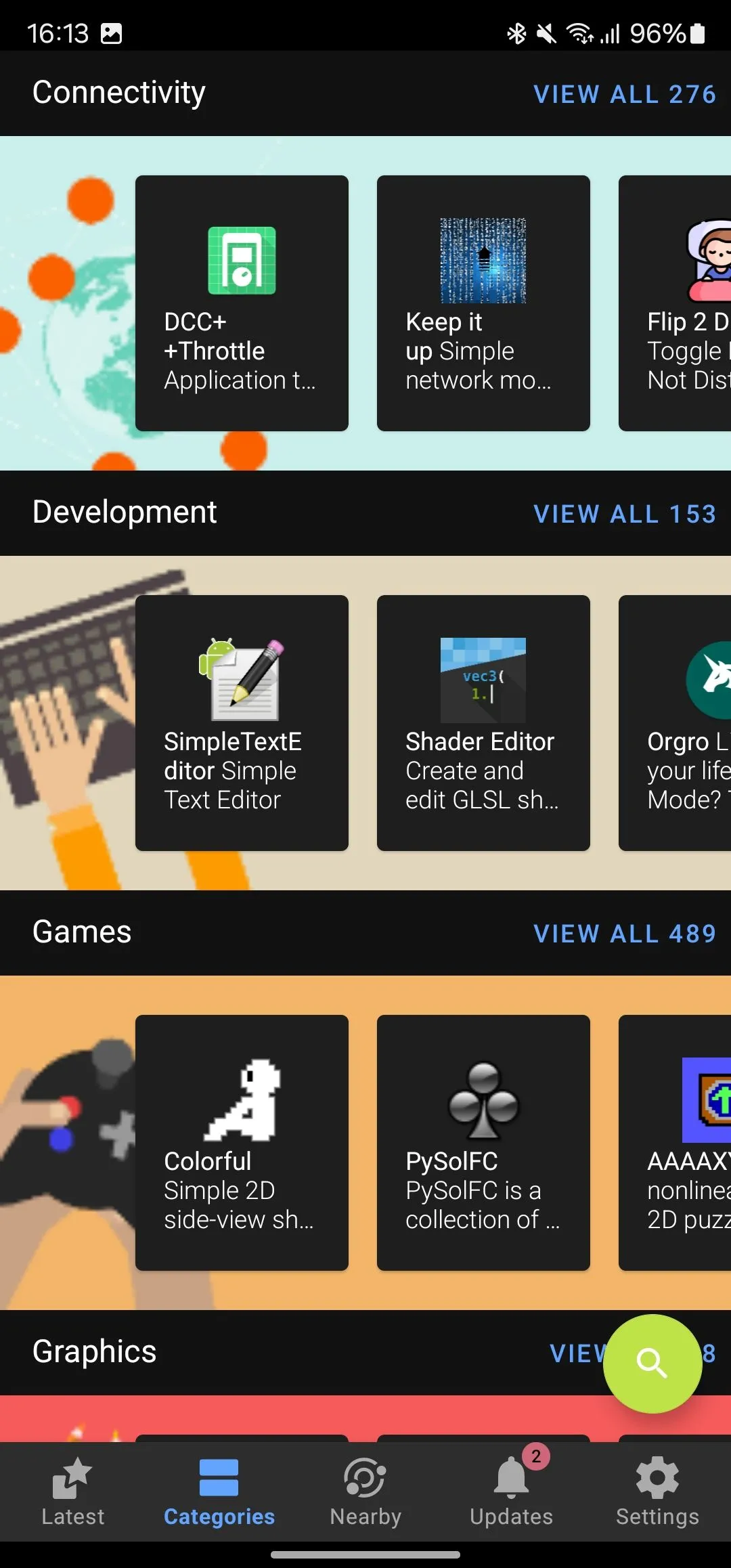 Màn hình danh mục ứng dụng trên F-Droid, kho ứng dụng mã nguồn mở cho Android