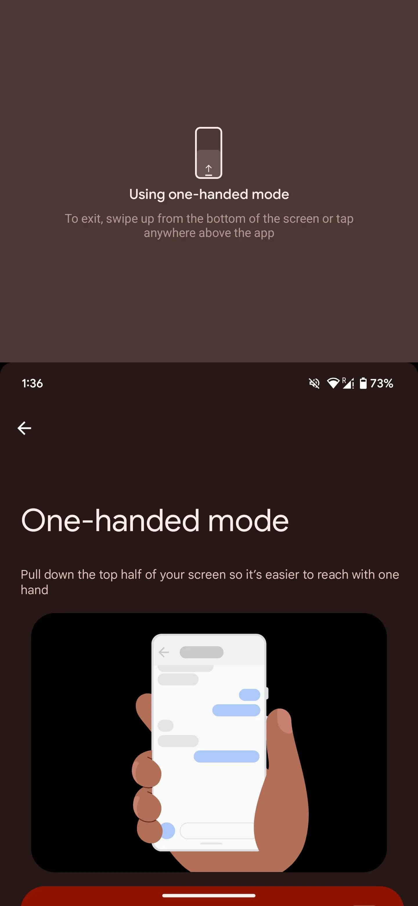 Màn hình điện thoại Android hiển thị chế độ Một Tay (One-Handed Mode) với nội dung được thu gọn lại.