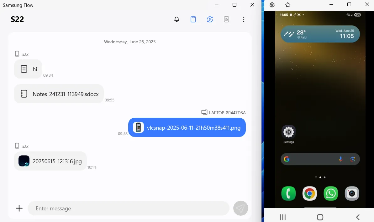 Màn hình điện thoại Samsung Galaxy được phản chiếu và điều khiển trực tiếp trên máy tính Windows thông qua Samsung Flow