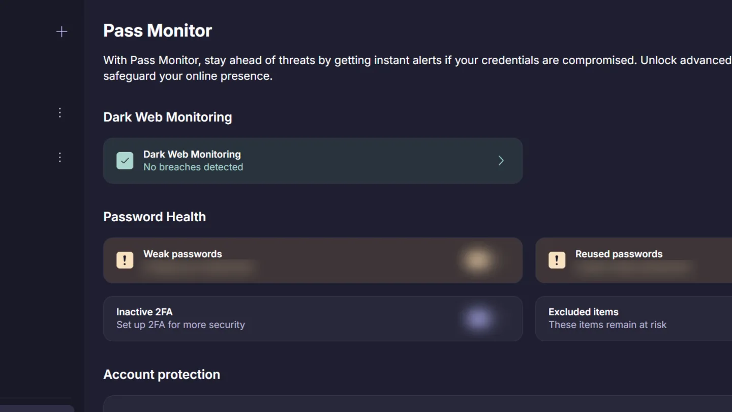 Màn hình Giám sát Dark Web của Proton Pass, hiển thị trạng thái an toàn &quot;No data breached&quot; (Không có dữ liệu bị lộ).