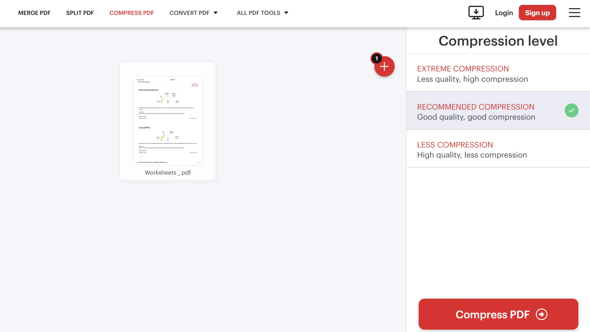 Màn hình giao diện công cụ iLovePDF với các tùy chọn mức độ nén tệp PDF
