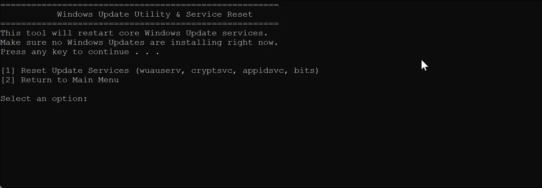 Màn hình giao diện Windows Update Utility &amp; Service Reset của Windows Maintenance Tool