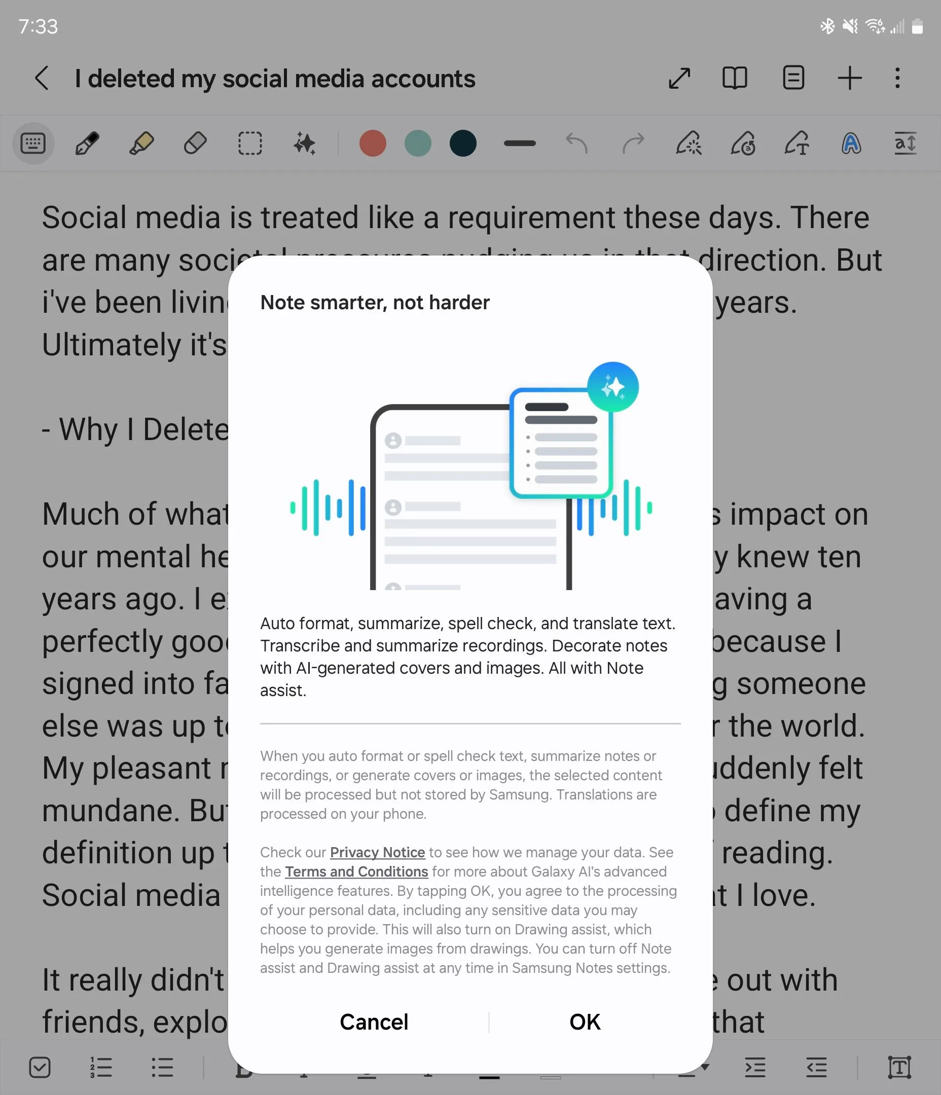Màn hình giới thiệu Trợ lý Ghi chú trong Samsung Notes.