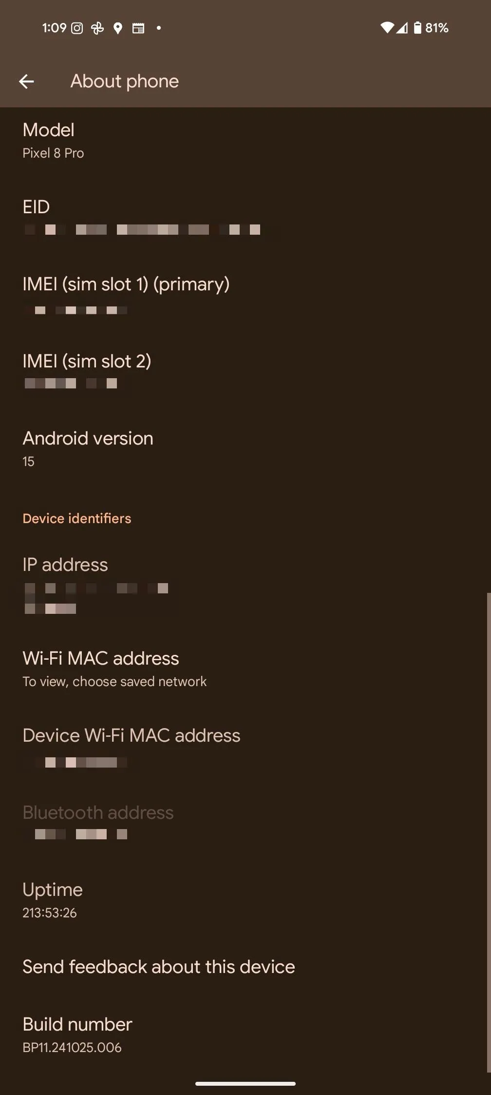 Màn hình "Giới thiệu về điện thoại" trên Pixel 8 Pro hiển thị tùy chọn "Số bản dựng" để kích hoạt Tùy chọn nhà phát triển.