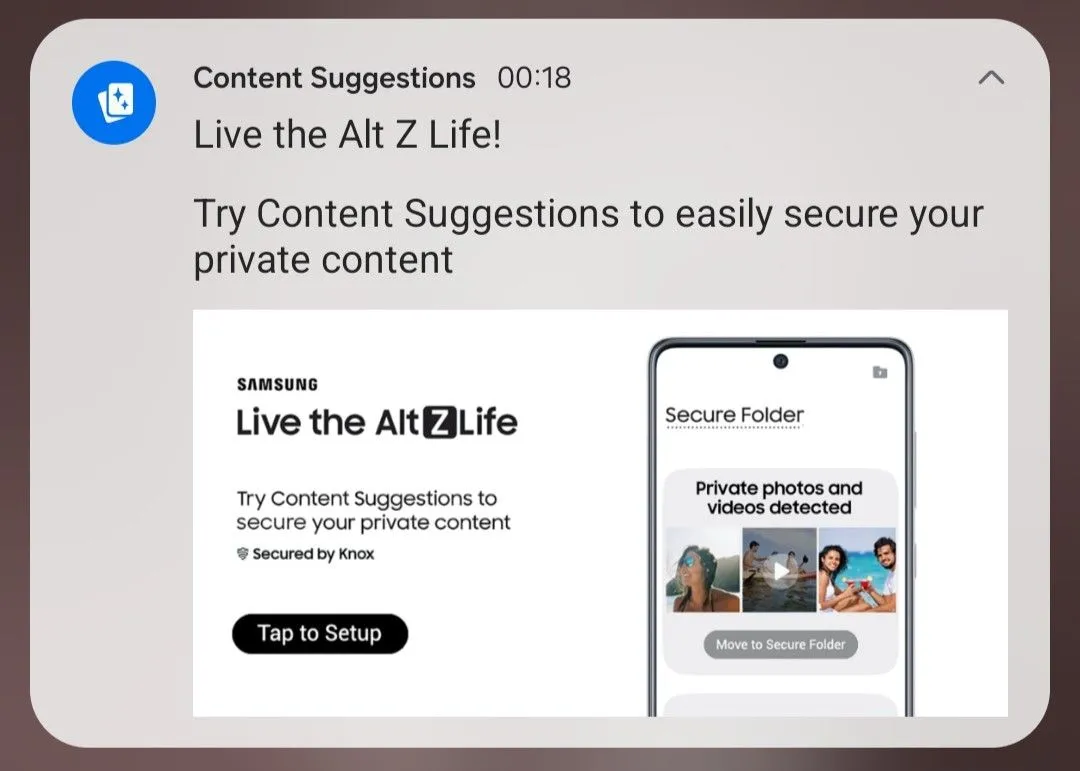 Màn hình gợi ý nội dung riêng tư của Content Suggestions trong Thư mục Bảo mật Samsung.